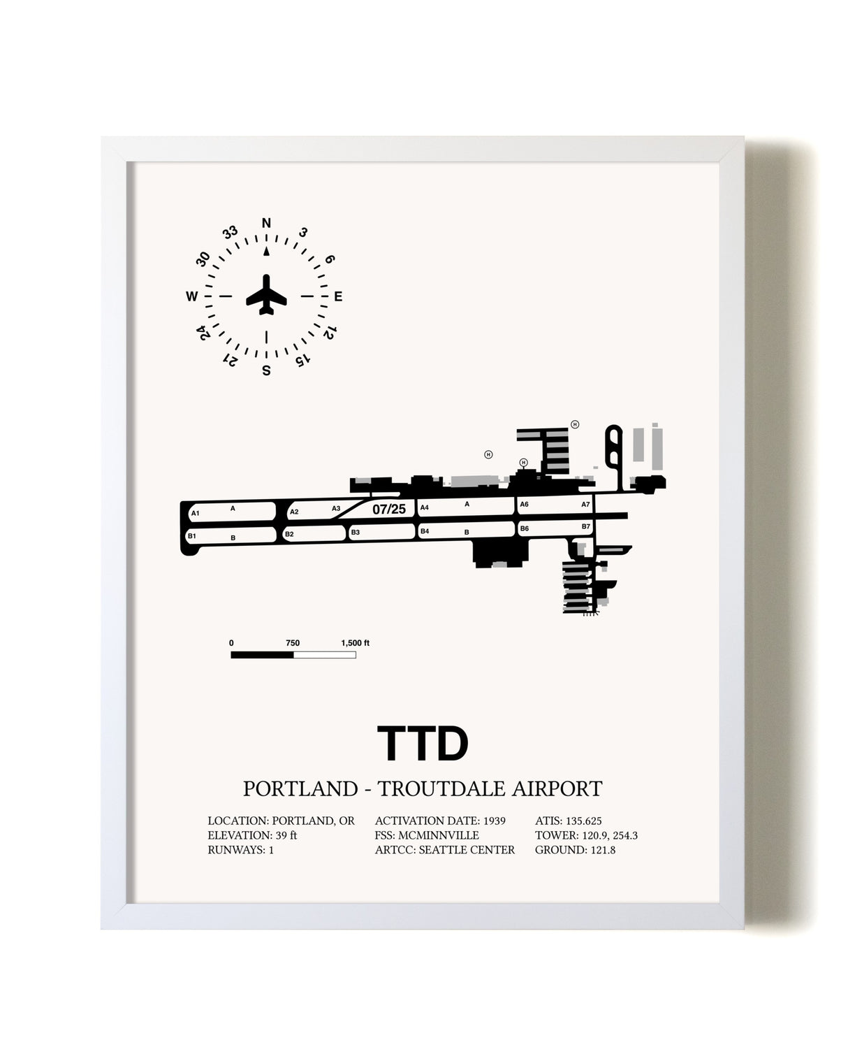 Portland-Troutdale Airport airport map poster in oak frame