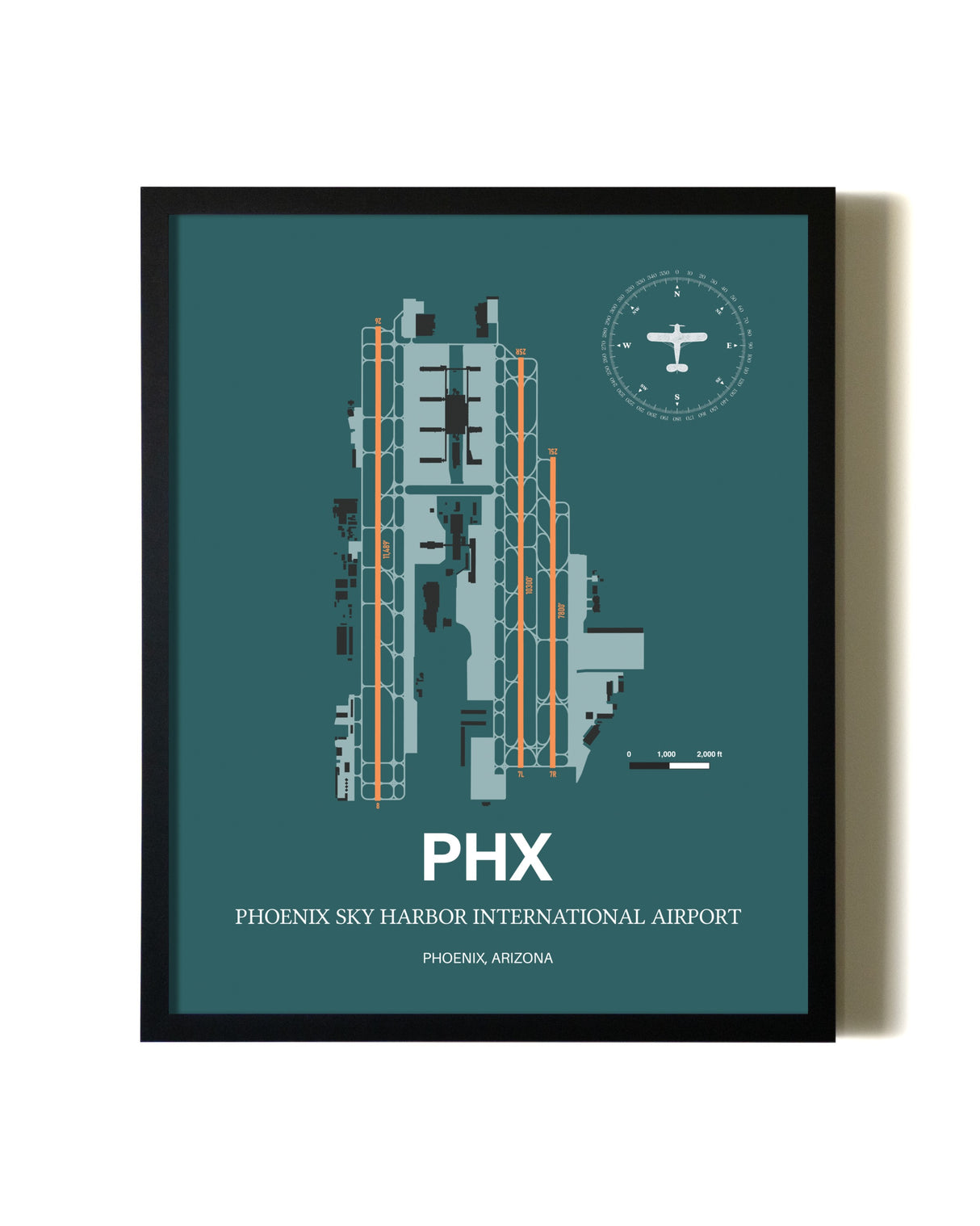 Green Phoenix Sky Harbor International Airport aviation wall décor in black wood frame