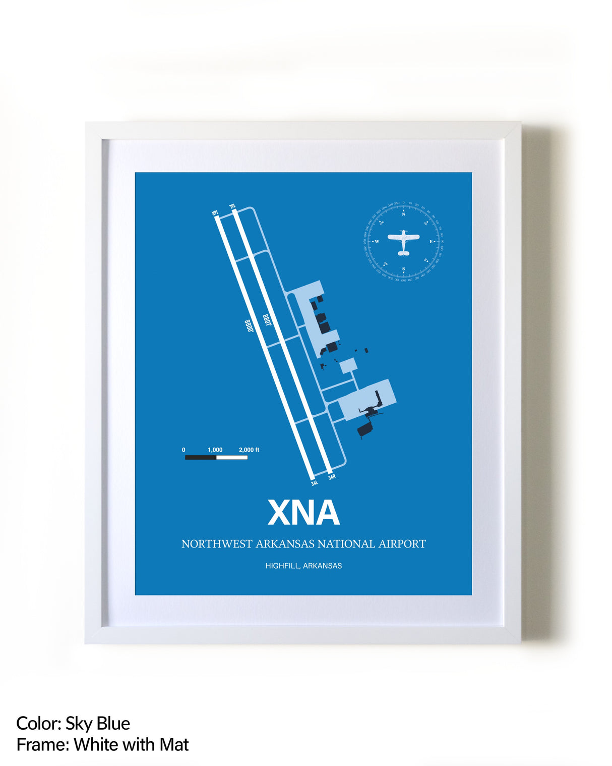 Northwest Arkansas National Airport framed wall art in white frame with mat