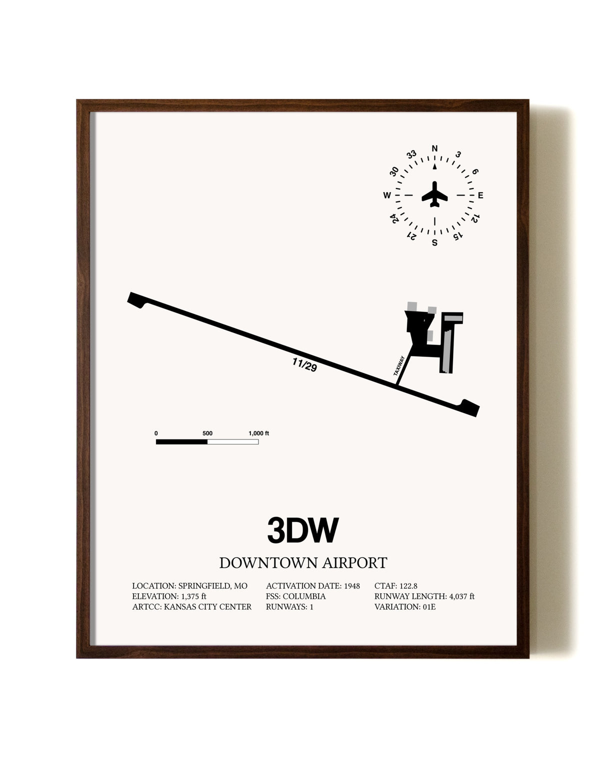 Downtown Airport aviation print in walnut frame