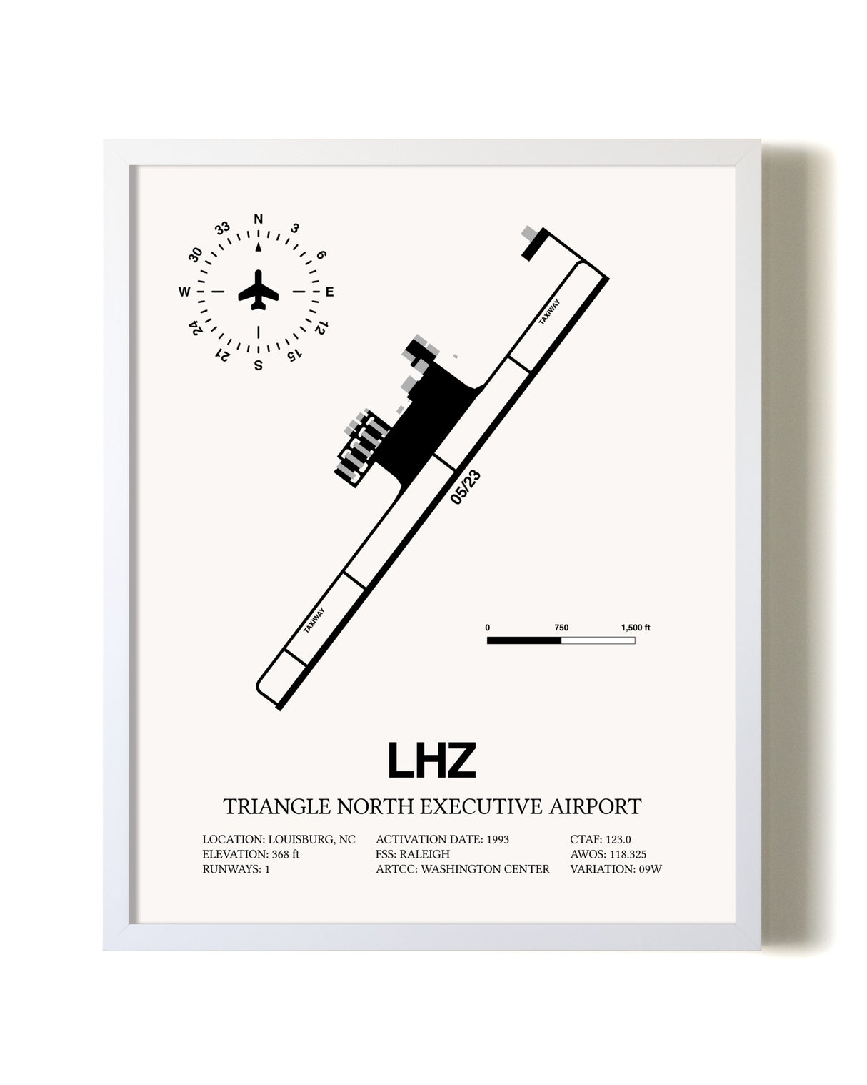 Triangle North Executive Airport airport map poster in oak frame
