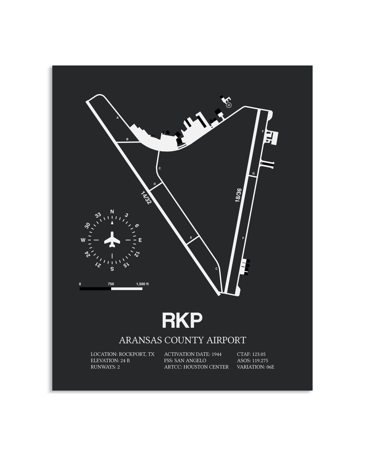 Gray Framed Aransas County Airport layout wall art poster
