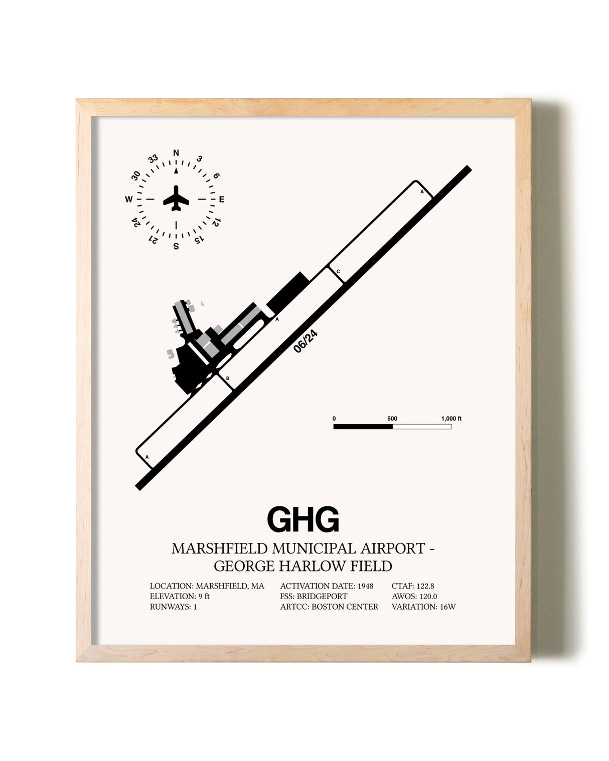Marshfield Municipal Airport-George Harlow Field framed wall art in white frame