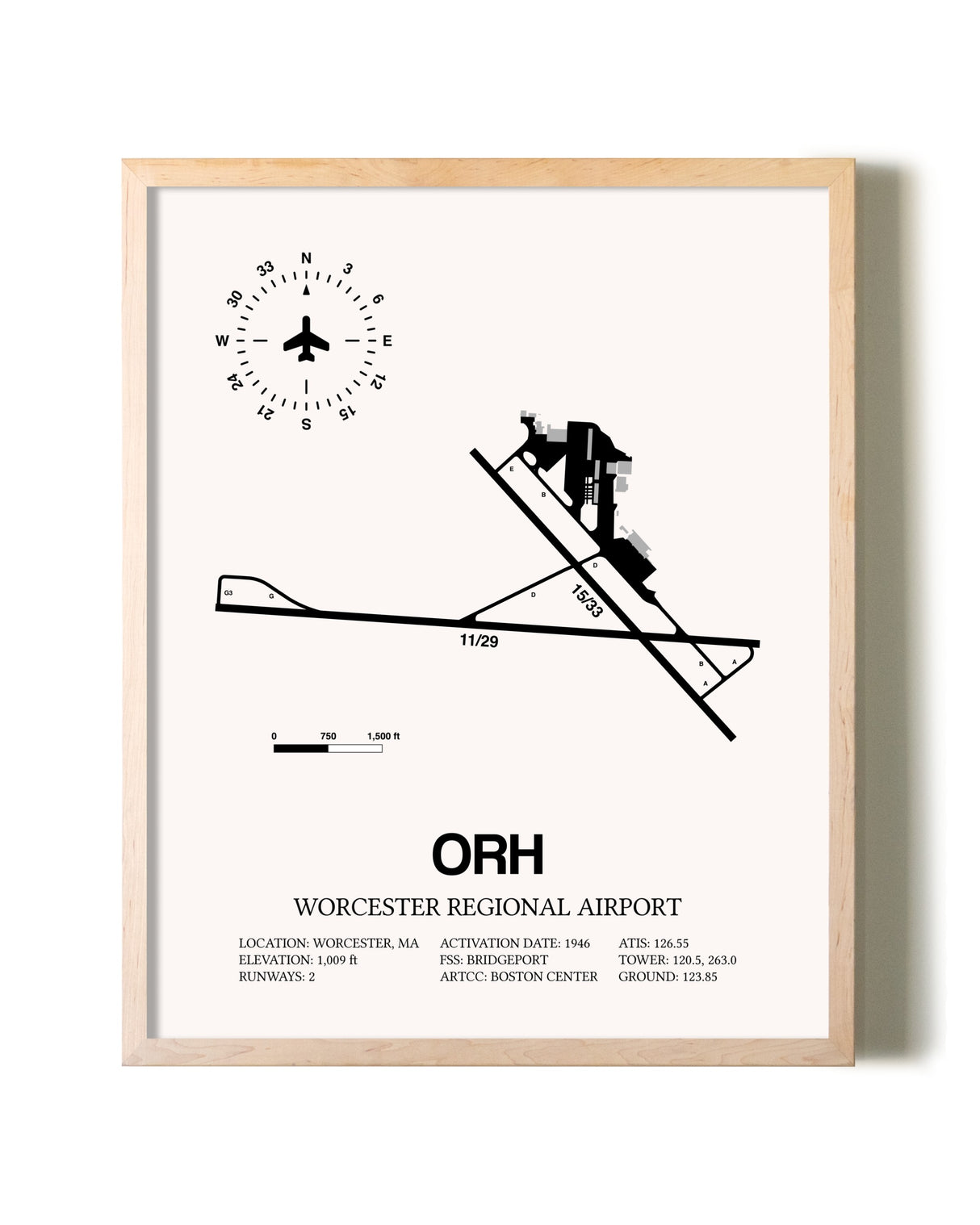 Worcester Regional Airport framed wall art in white frame