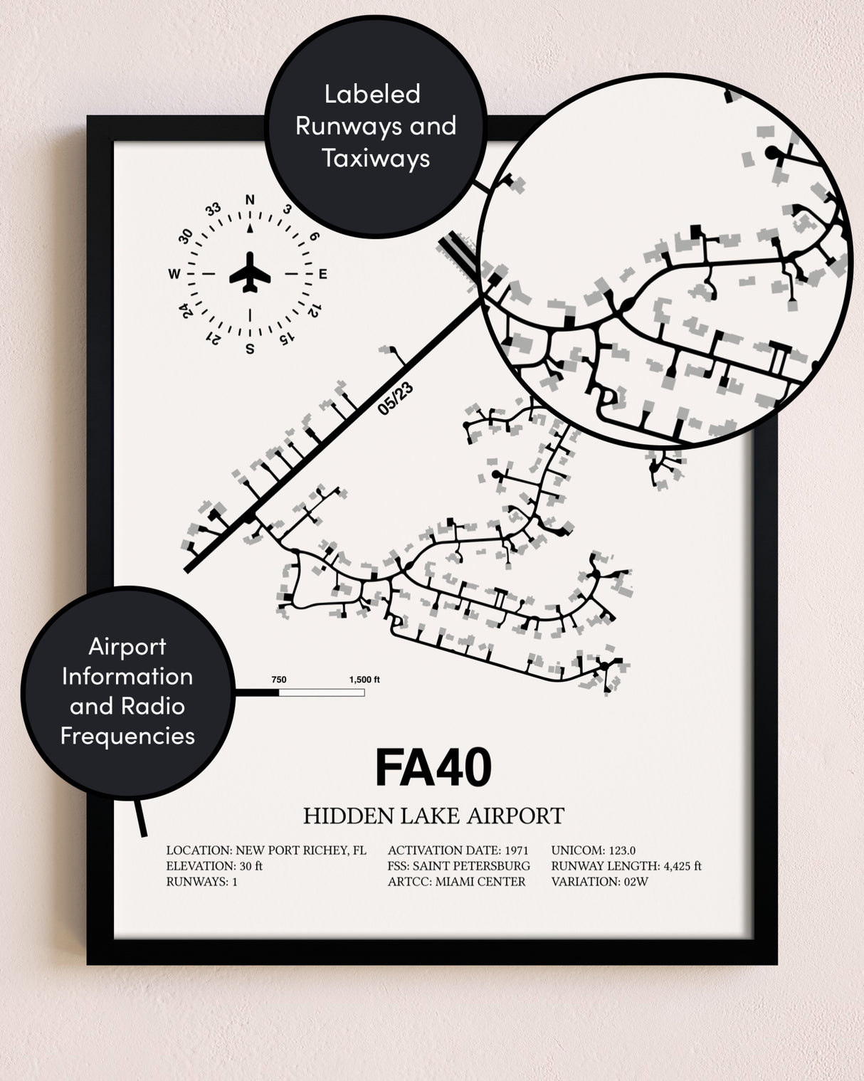 Framed Hidden Lake Airport layout wall art poster