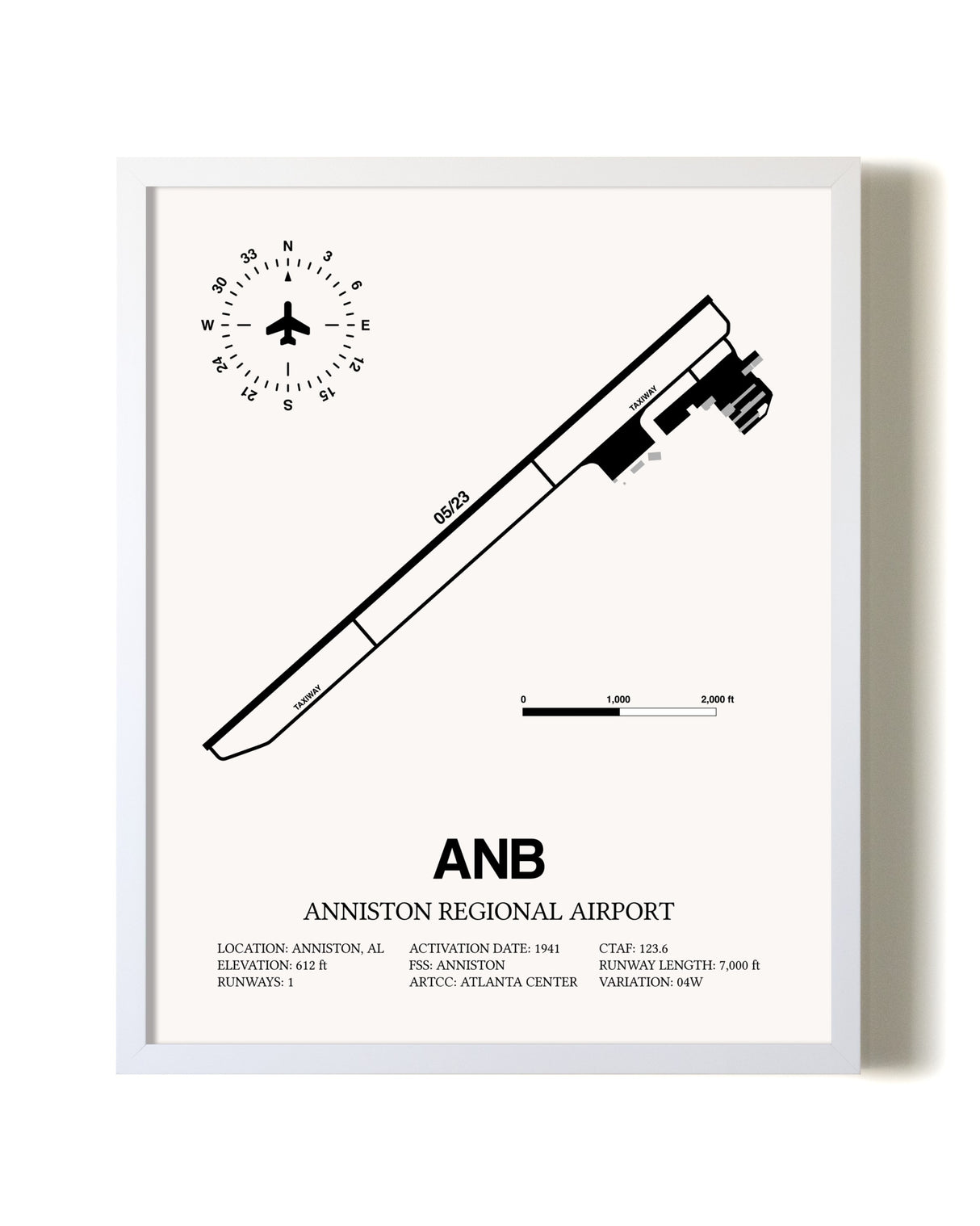 Anniston Regional Airport airport map poster in oak frame