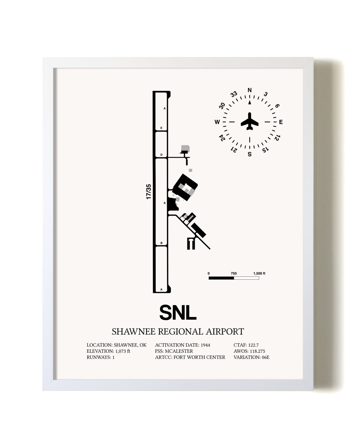 Shawnee Regional Airport airport map poster in oak frame