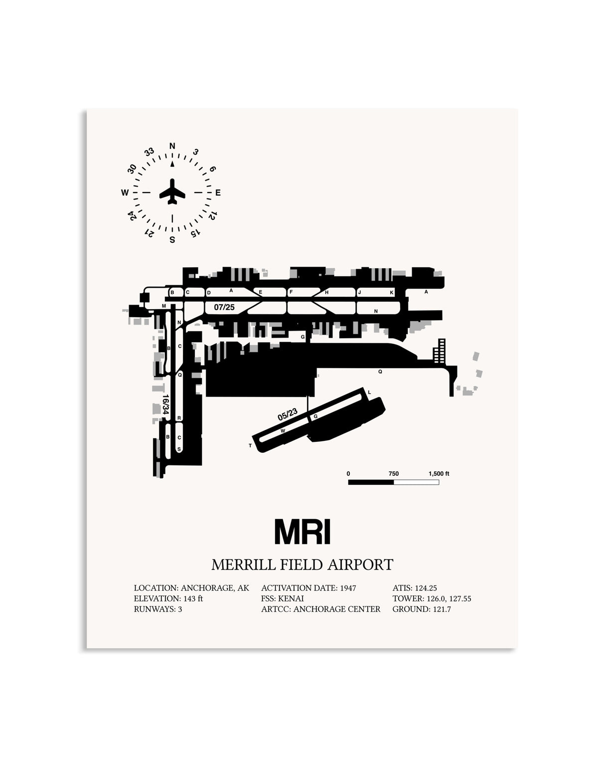 Gray Merrill Field Airport framed poster displayed in an airplane hangar
