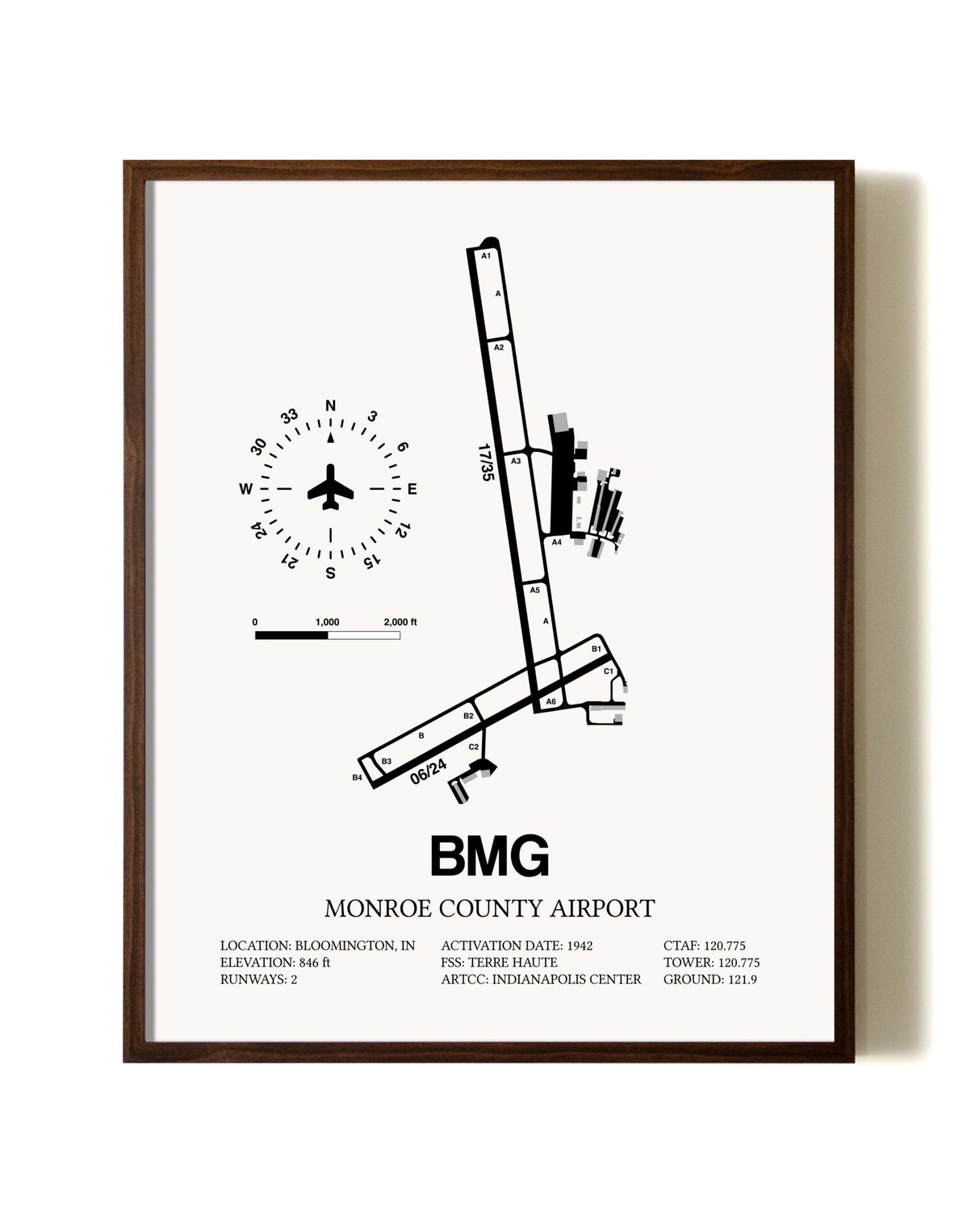 Monroe County Airport aviation print in walnut frame