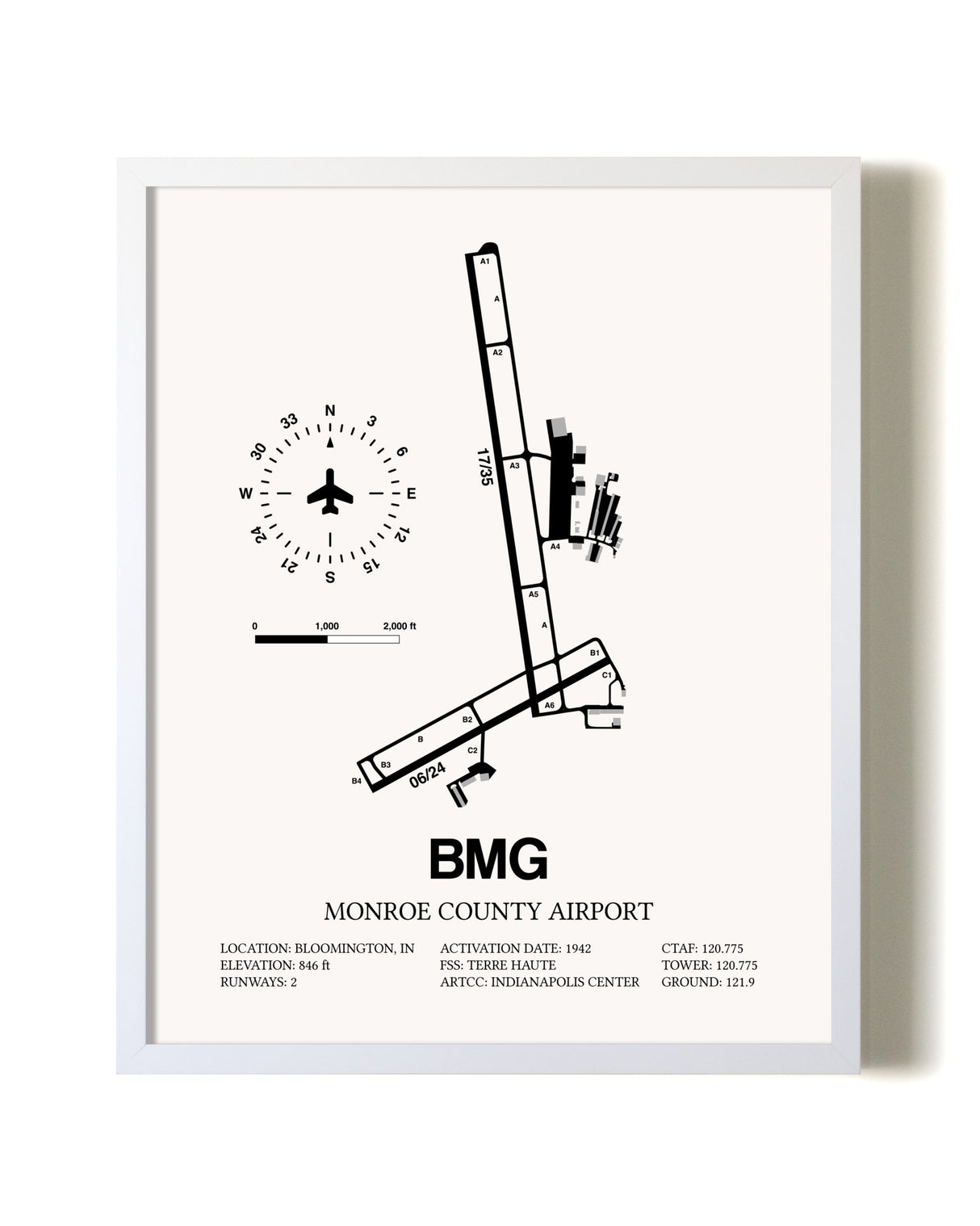 Monroe County Airport airport map poster in oak frame
