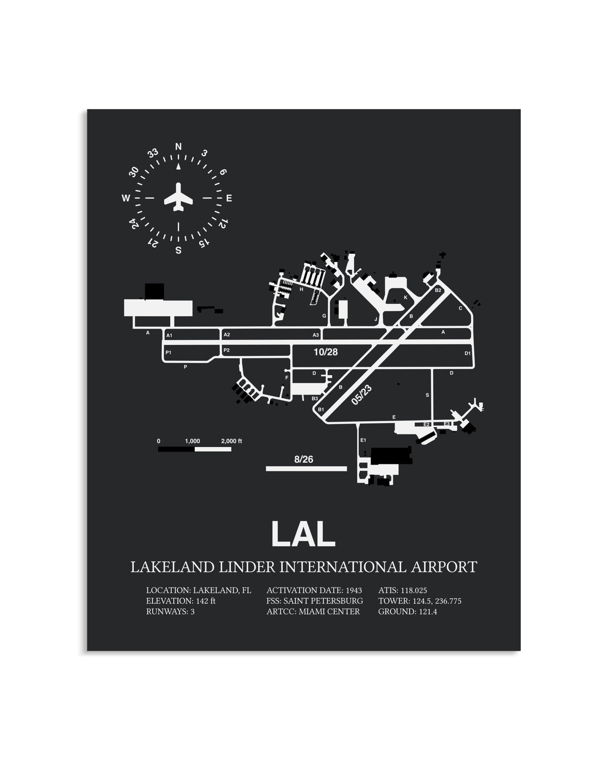 Gray Framed Lakeland Linder International Airport layout wall art poster