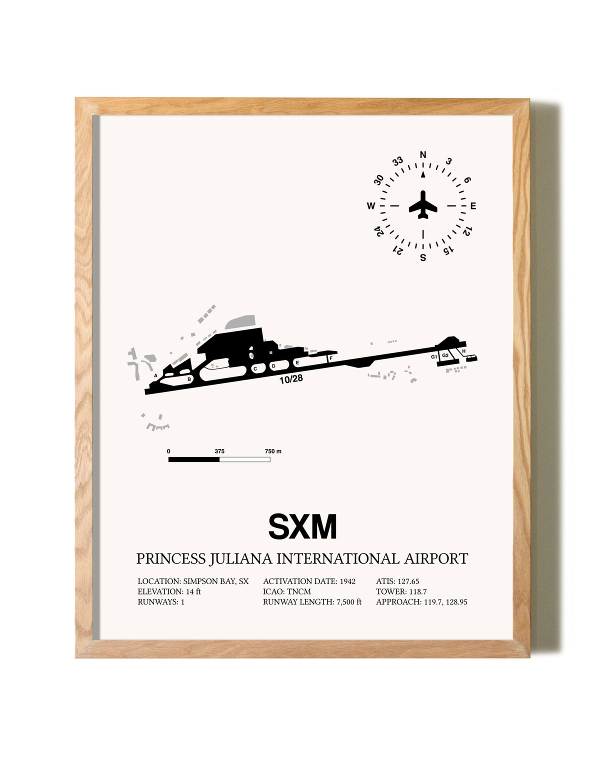 Princess Juliana International Airport framed print in natural wood frame