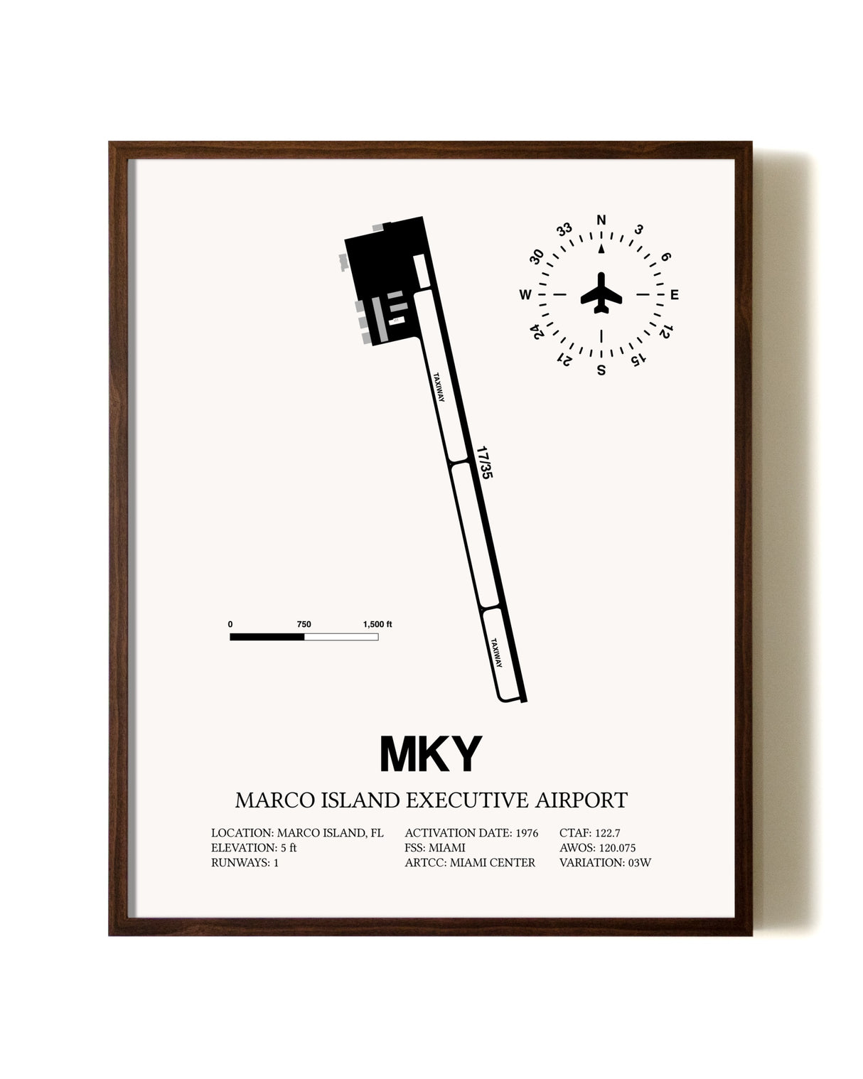 Marco Island Executive Airport aviation print in walnut frame