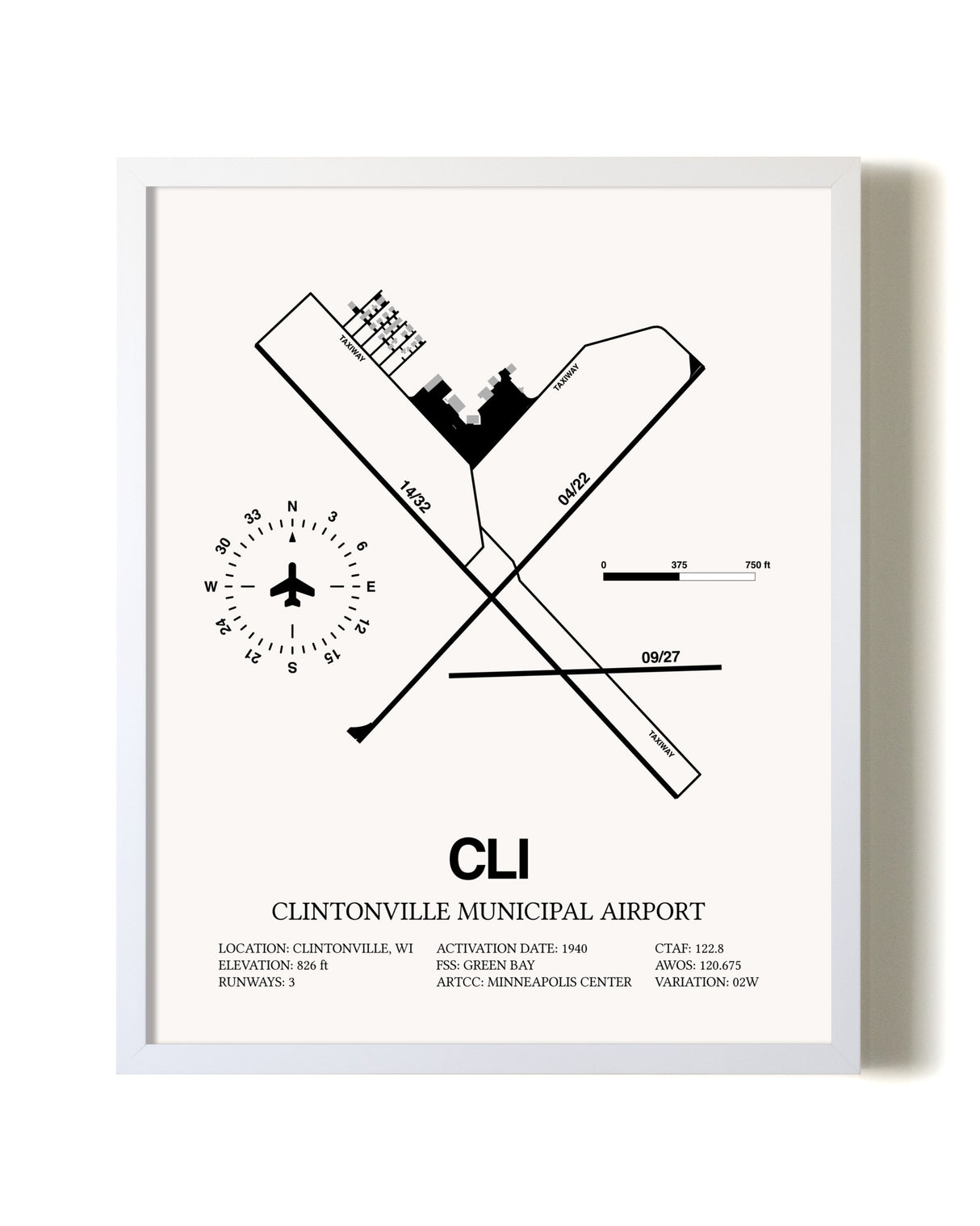 Clintonville Municipal Airport airport map poster in oak frame