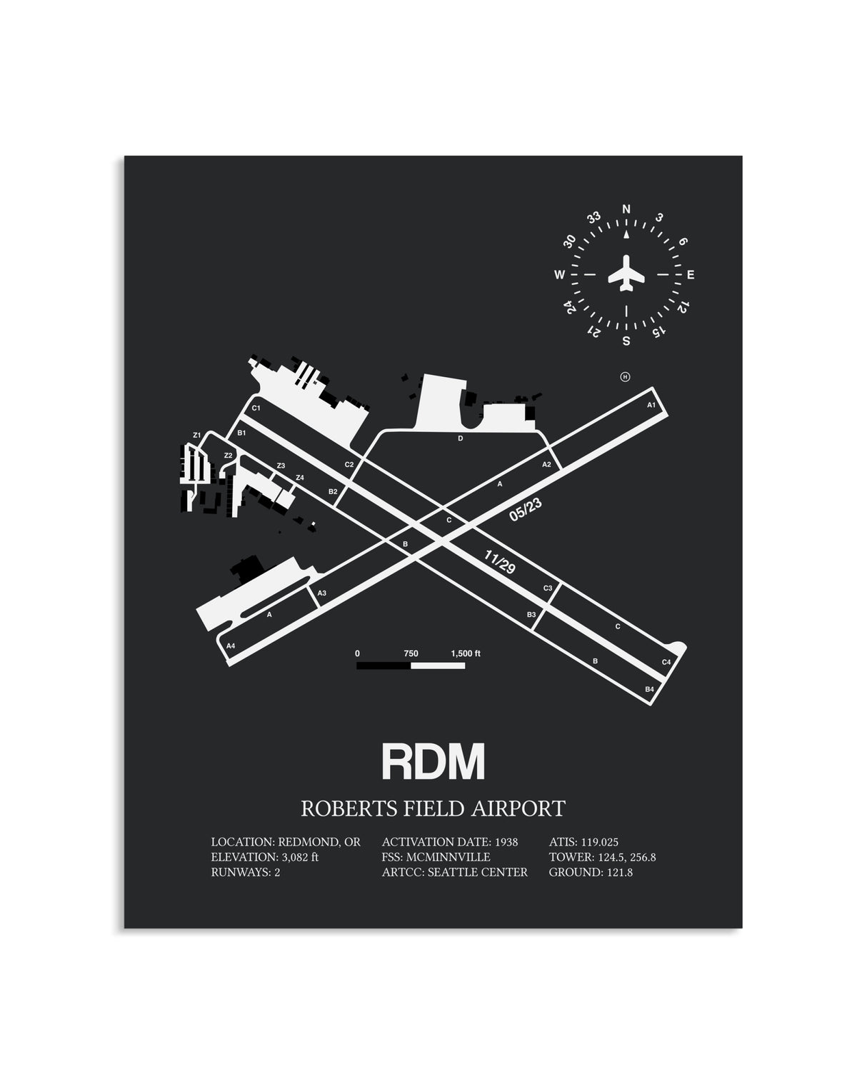 Gray Framed Roberts Field Airport layout wall art poster