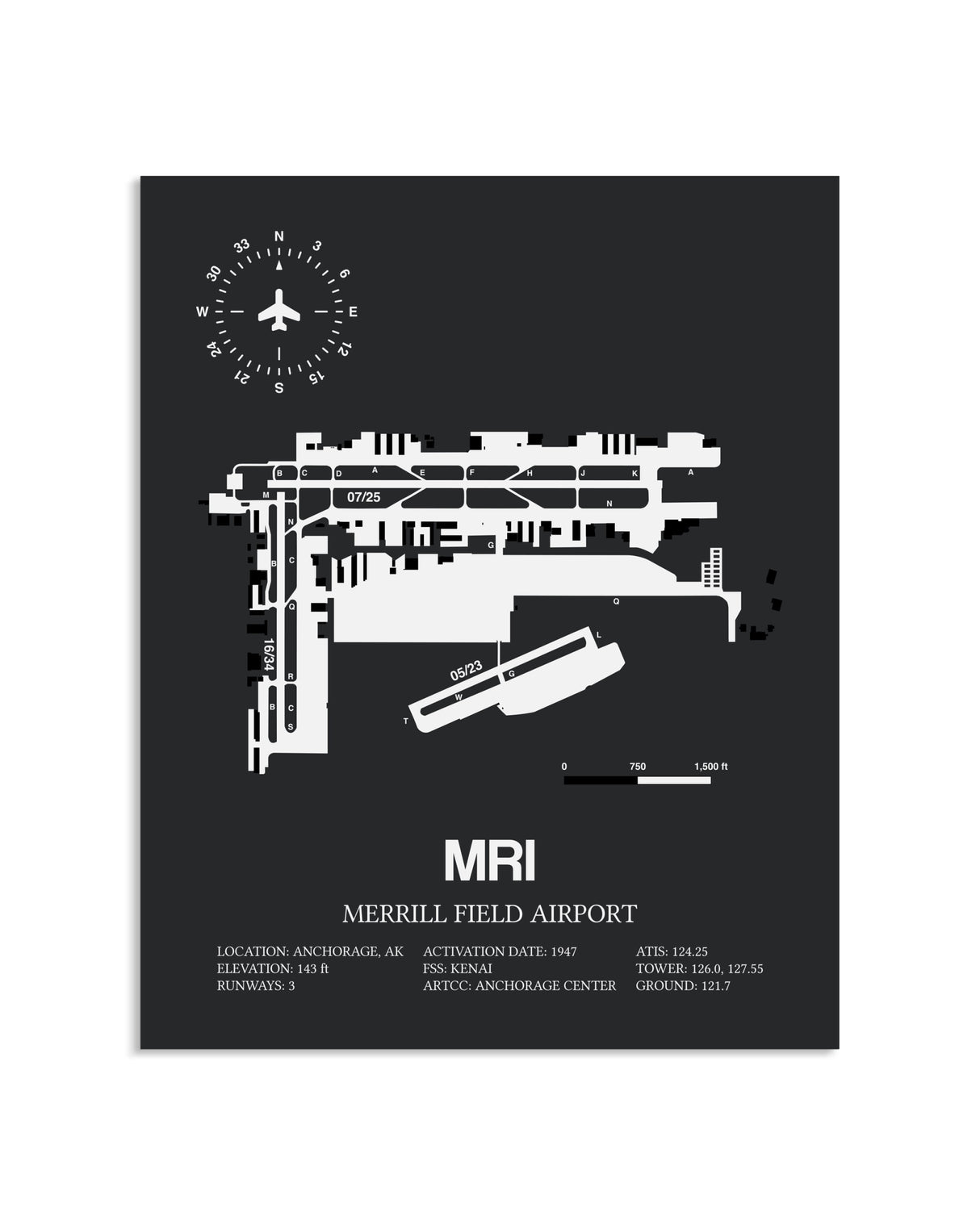 Gray Framed Merrill Field Airport layout wall art poster