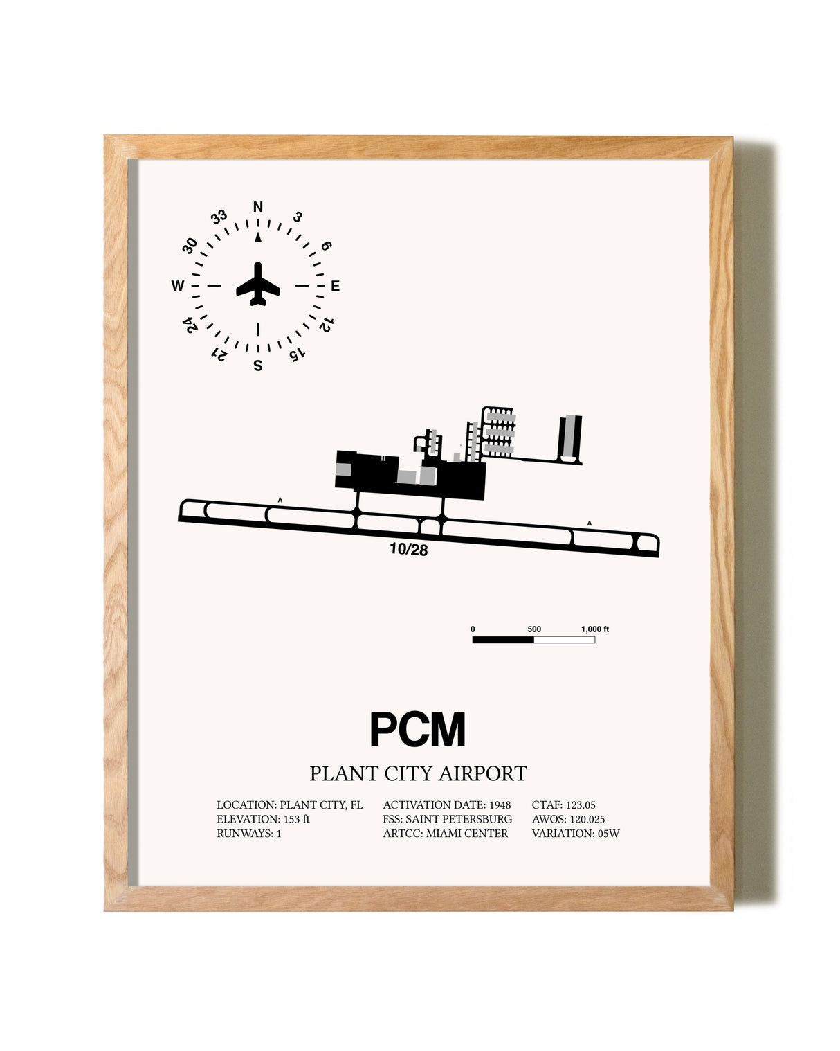 Plant City Airport framed print in natural wood frame