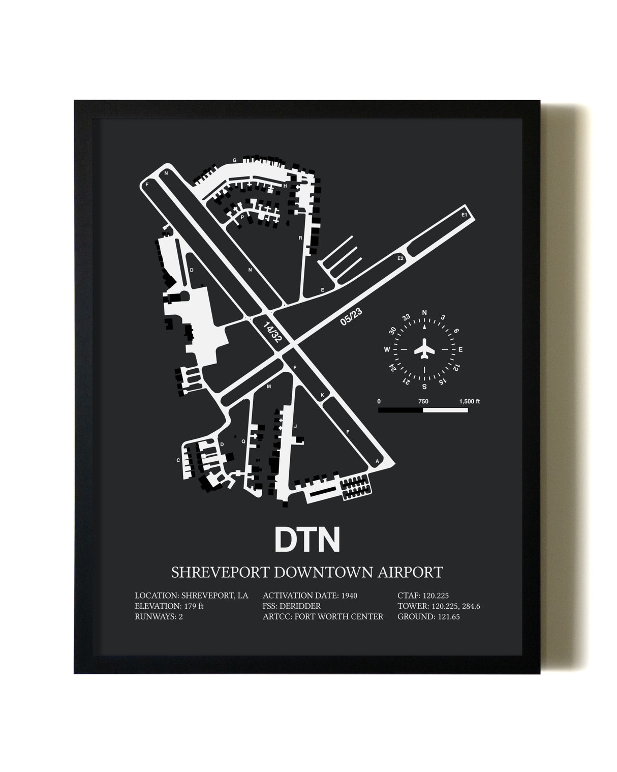 Unframed Shreveport Downtown Airport map print poster