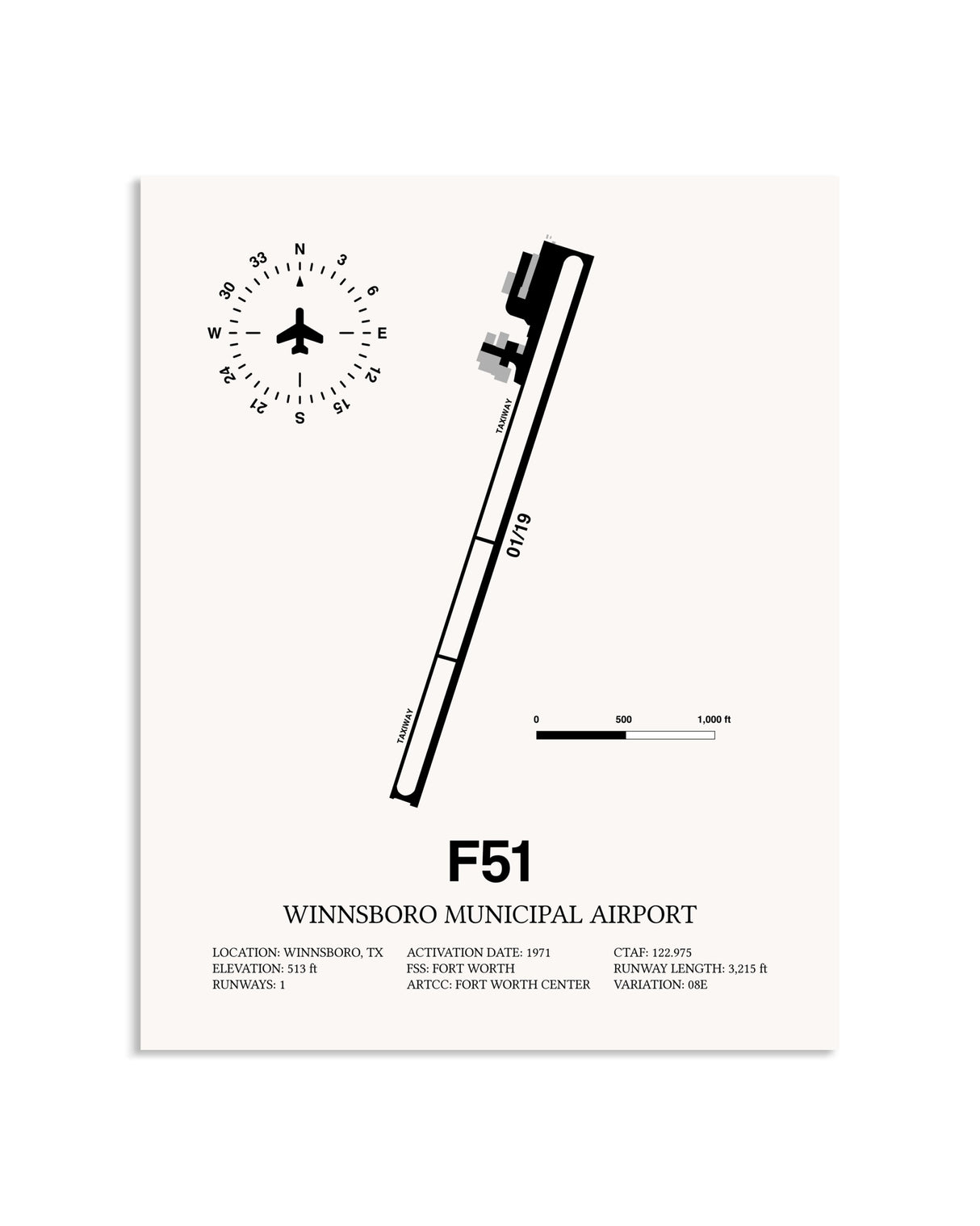 Gray Winnsboro Municipal Airport framed poster displayed in an airplane hangar