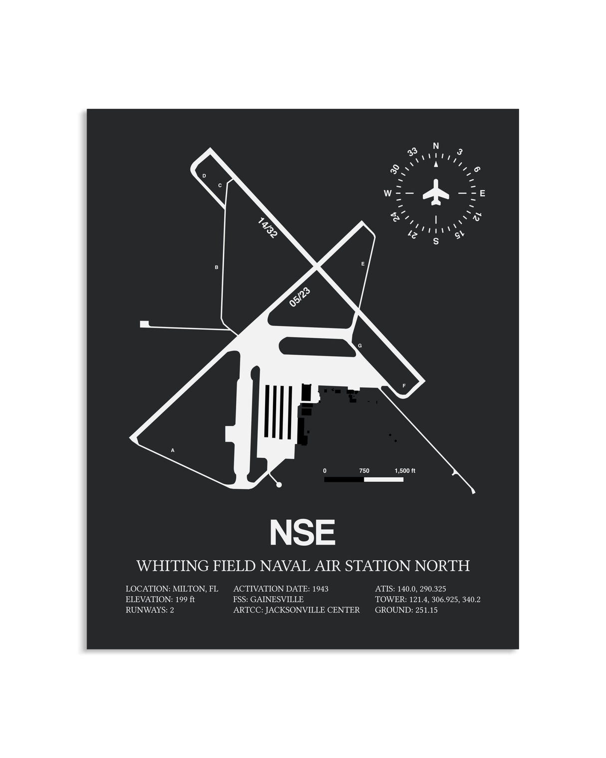 Gray Framed Whiting Field Naval Air Station North layout wall art poster