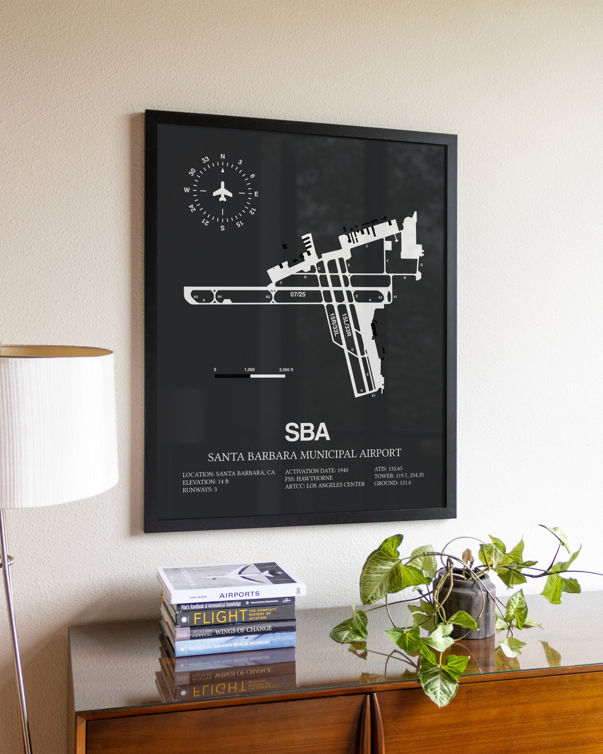 Gray Framed Santa Barbara Municipal Airport wall art poster in black frame