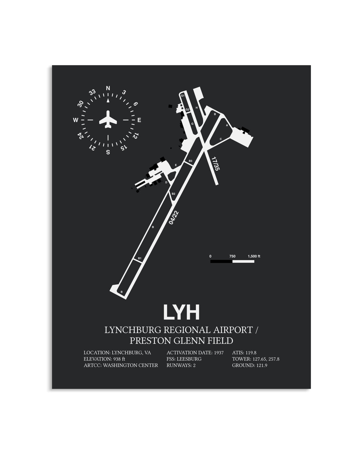 Gray Framed Lynchburg Regional Airport / Preston Glenn Field layout wall art poster