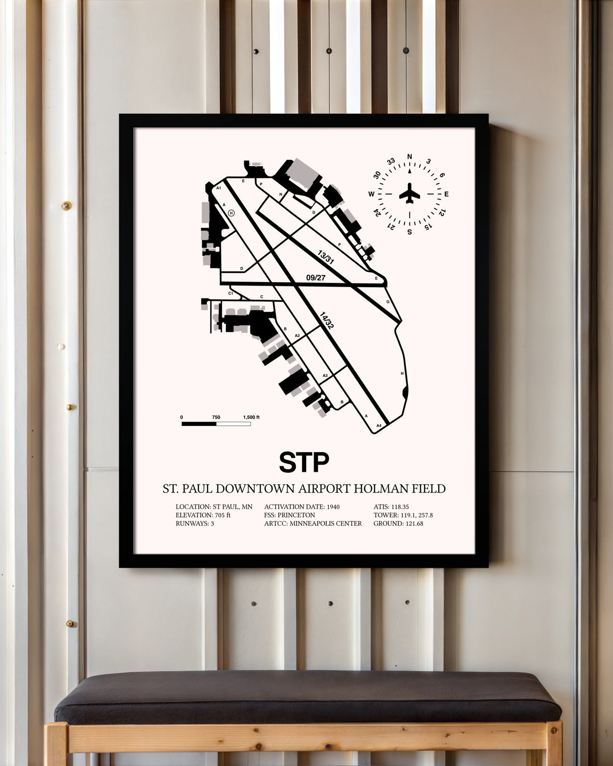 St. Paul Downtown Airport Holman Field framed poster displayed in an airplane hangar