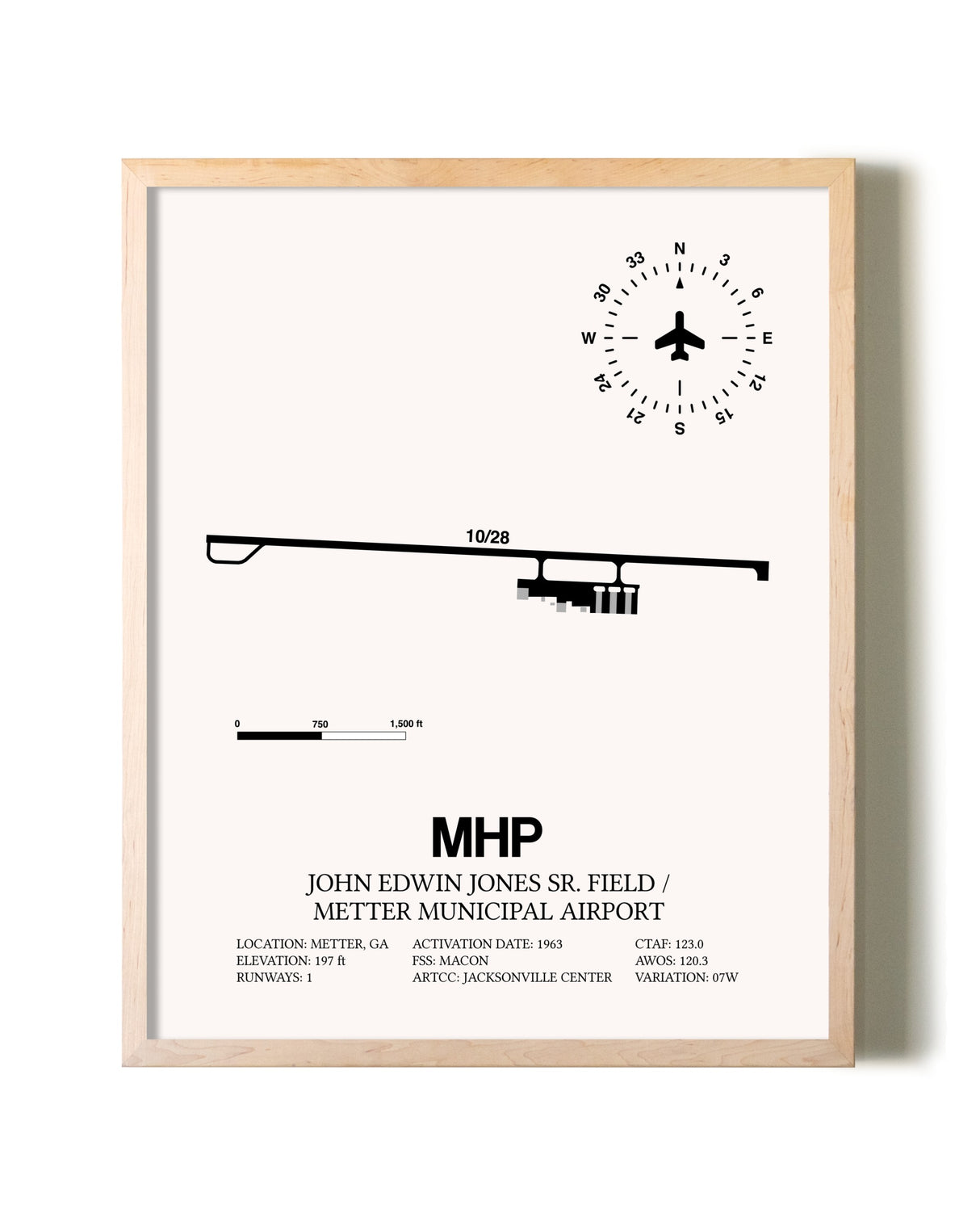 John Edwin Jones Sr Field / Metter Municipal Airport framed wall art in white frame