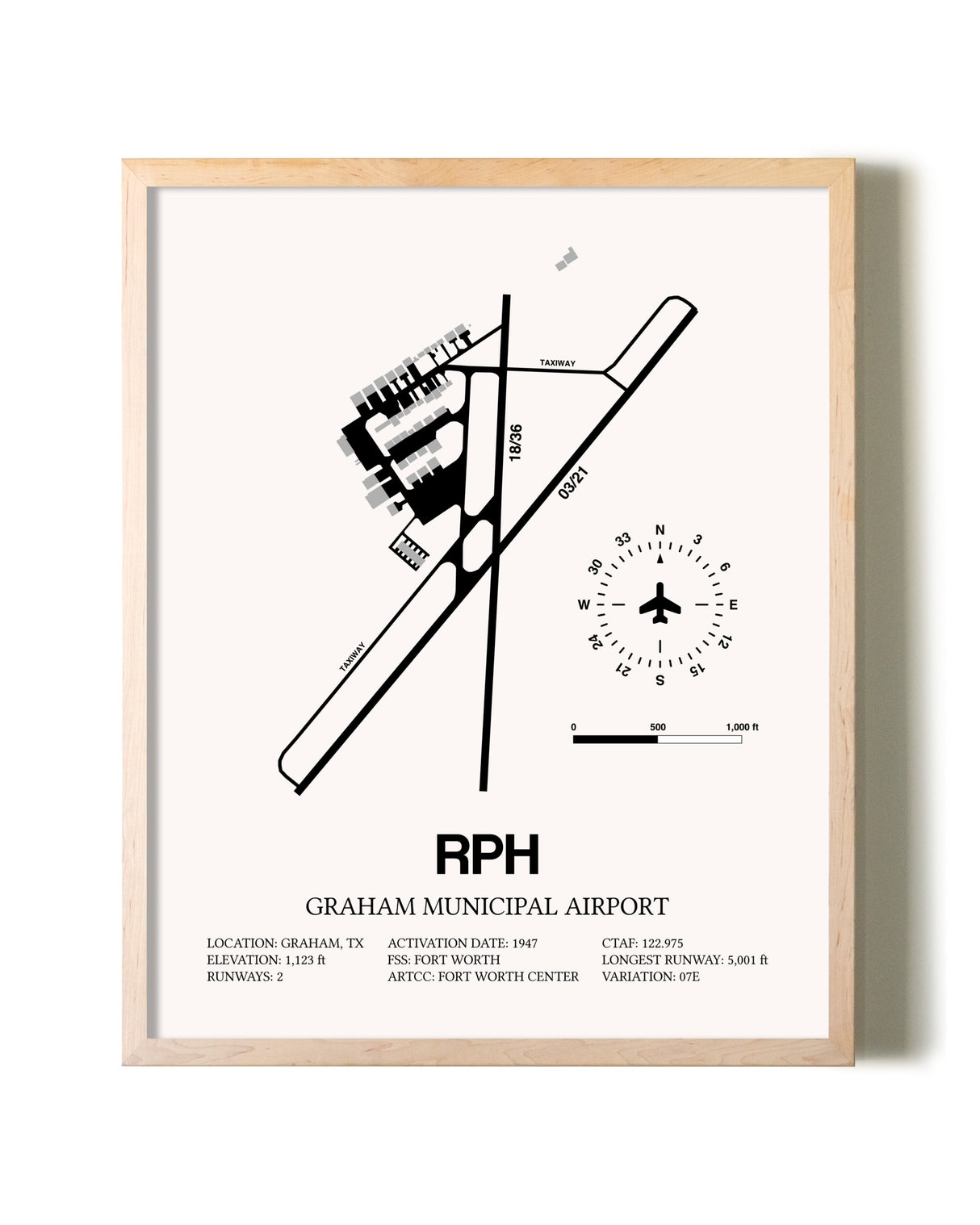 Graham Municipal Airport framed wall art in white frame