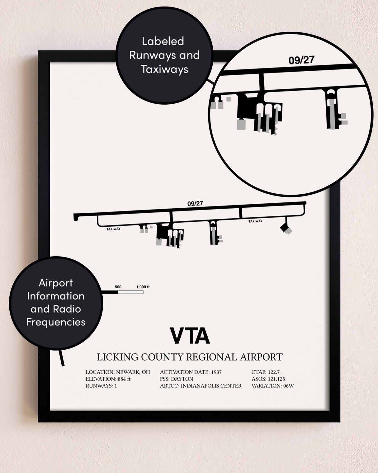 Framed Licking County Regional Airport layout wall art poster