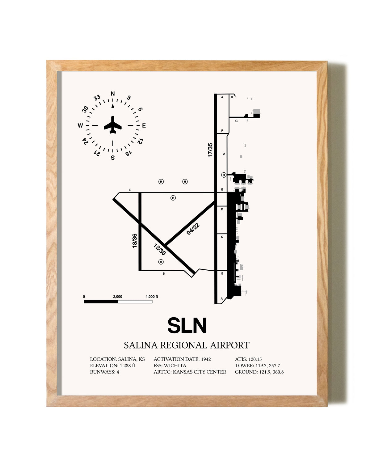 Salina Regional Airport framed print in natural wood frame