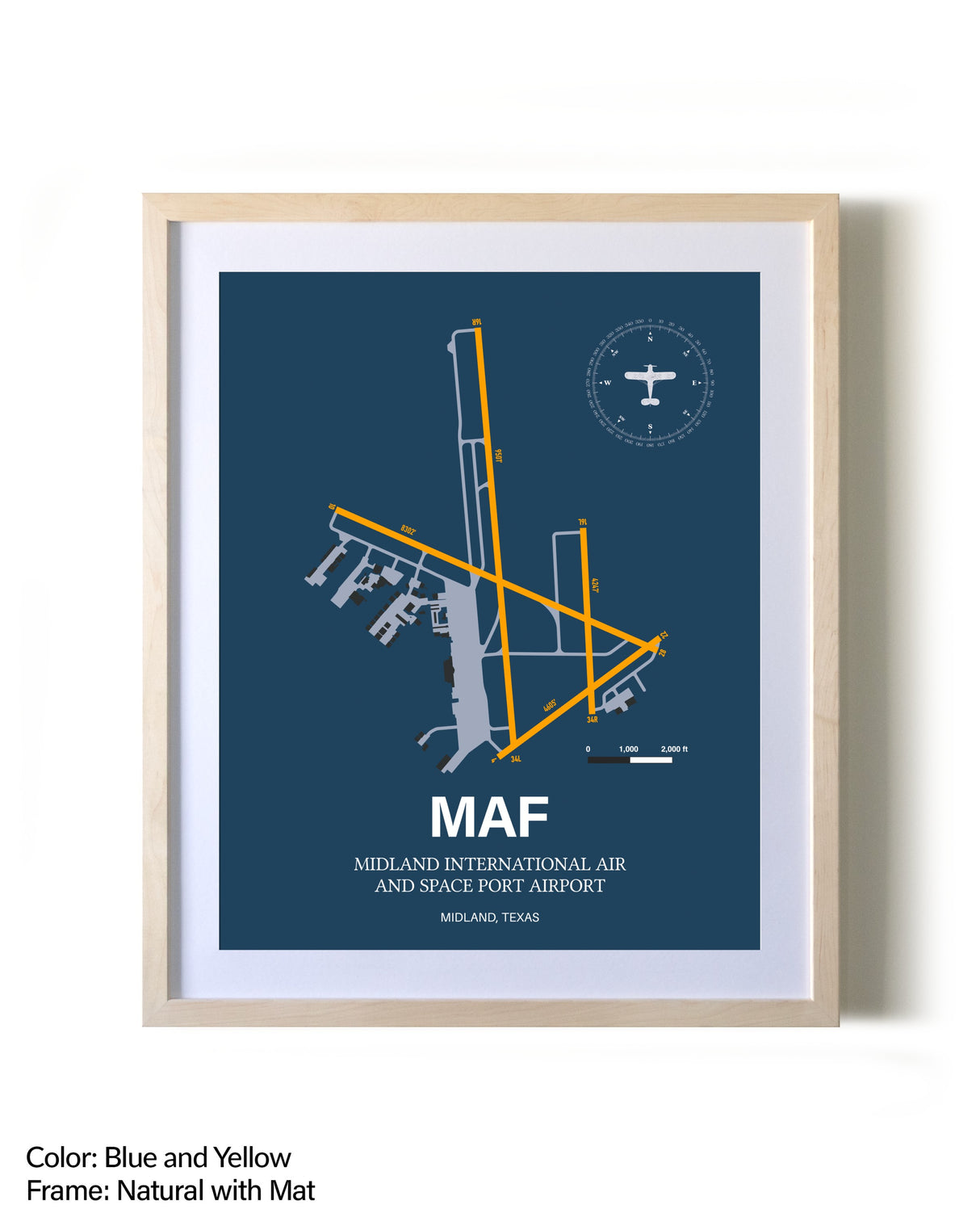 Midland International Air and Space Port Airport framed print in natural wood frame with mat
