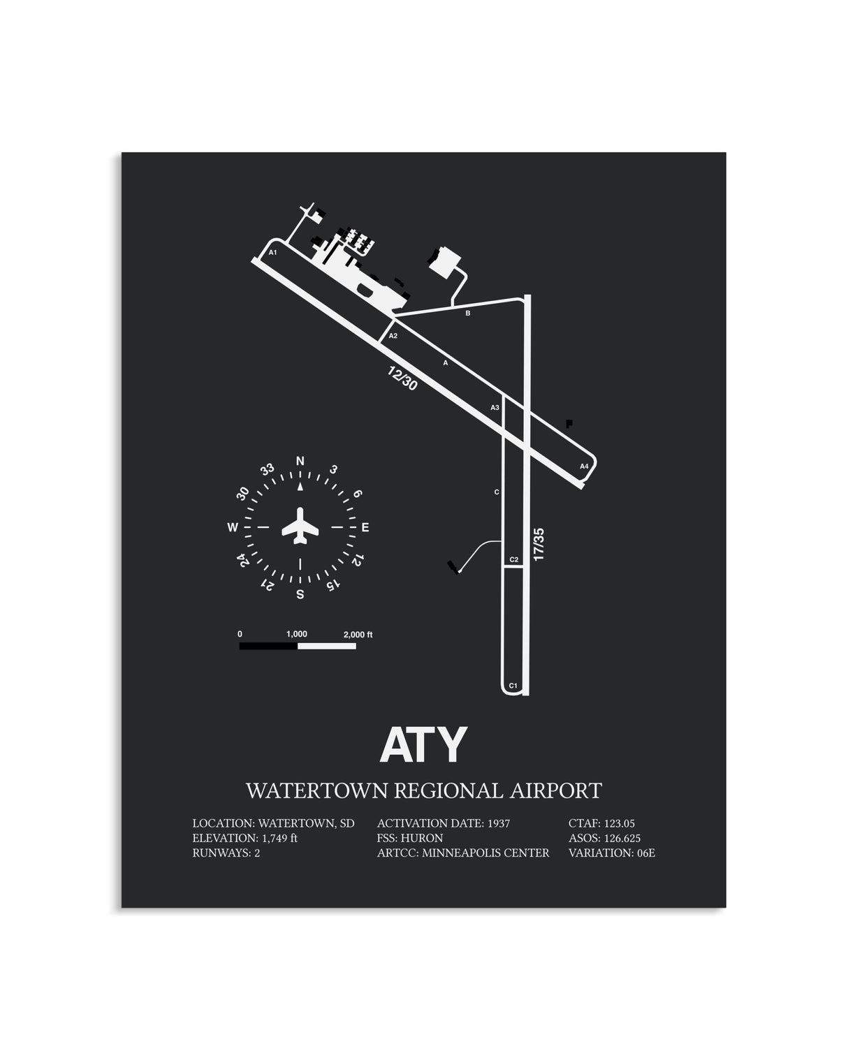 Gray Framed Watertown Regional Airport layout wall art poster