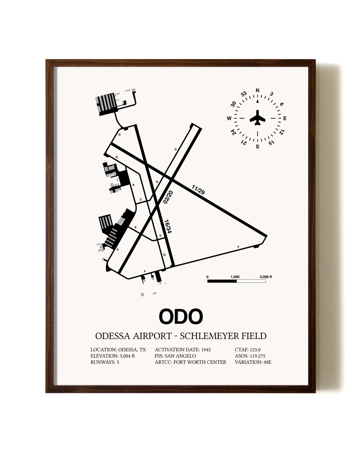 Odessa Airport-Schlemeyer Field aviation print in walnut frame