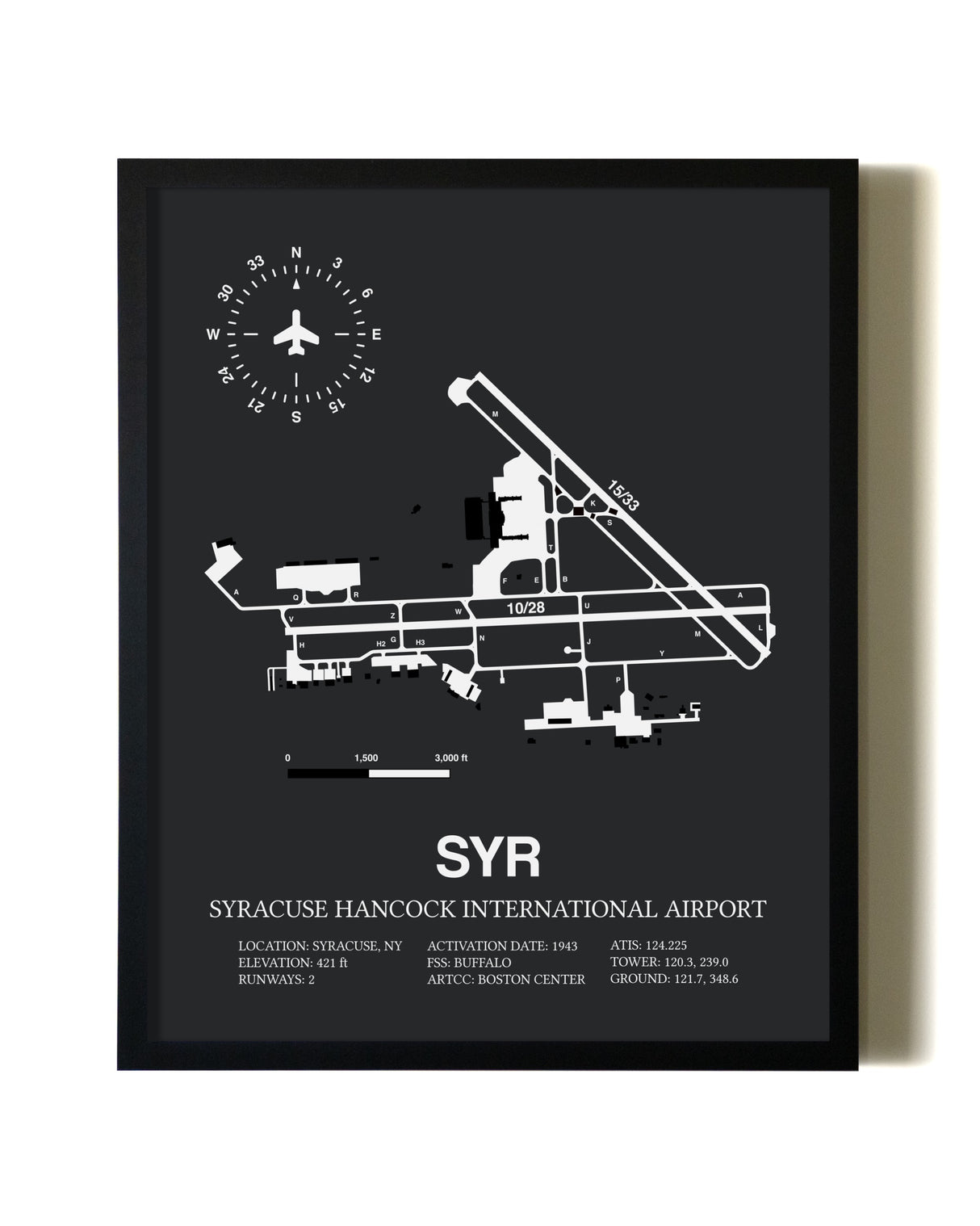 Unframed Syracuse Hancock International Airport map print poster