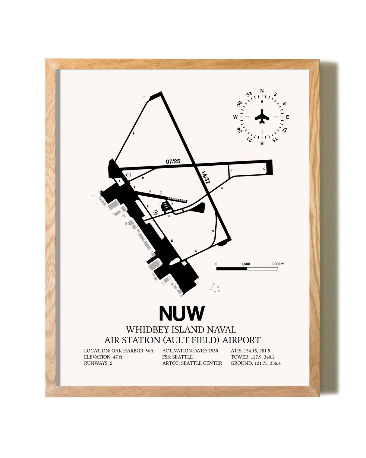 Whidbey Island Naval Air Station (Ault Field) Airport framed print in natural wood frame