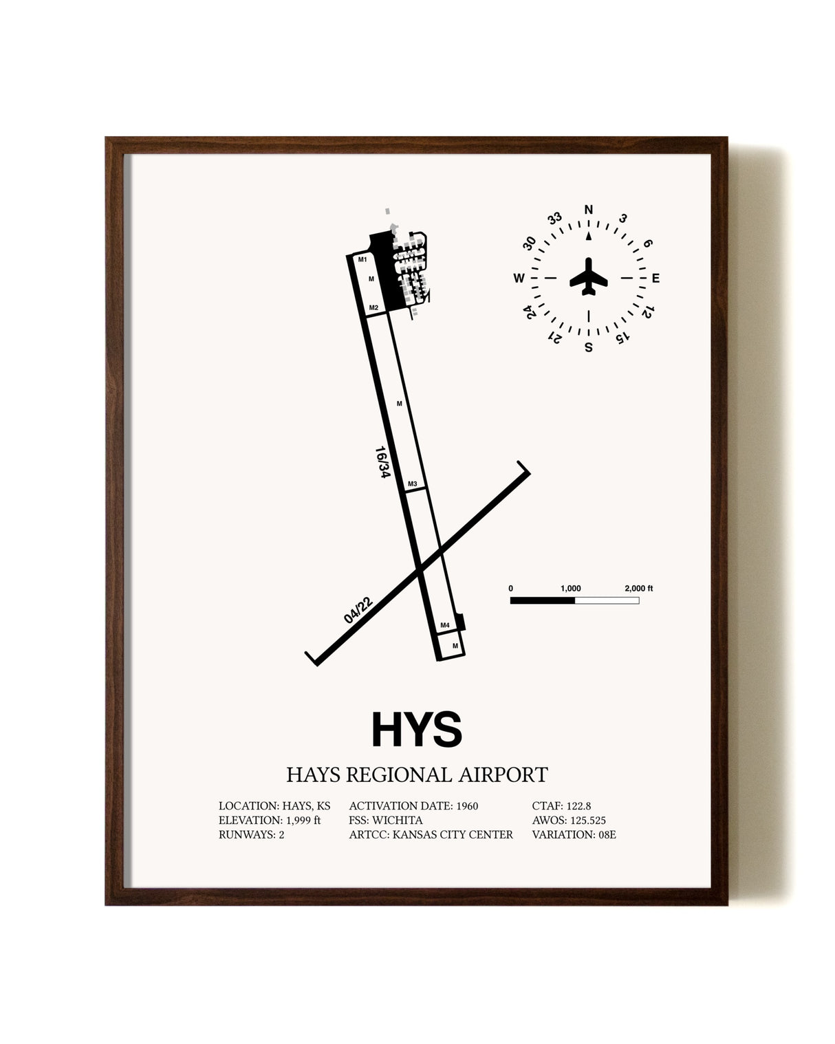 Hays Regional Airport aviation print in walnut frame