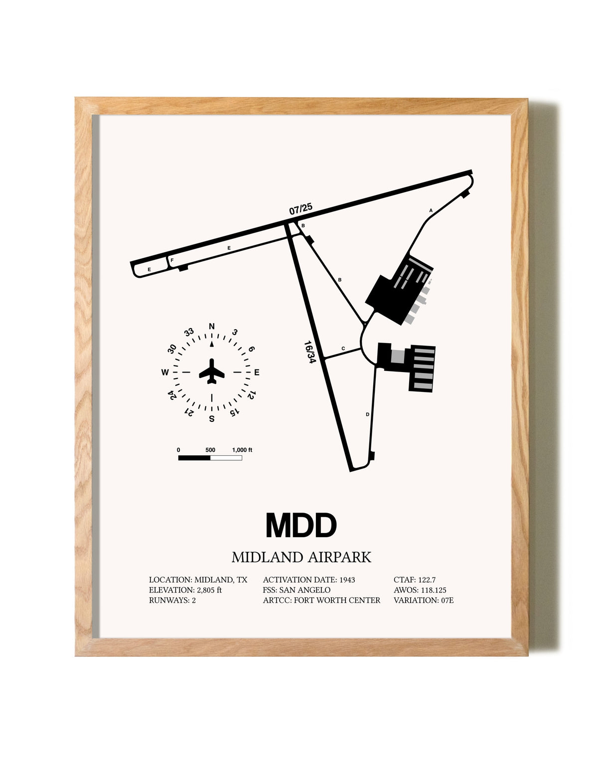 Midland Airpark framed print in natural wood frame