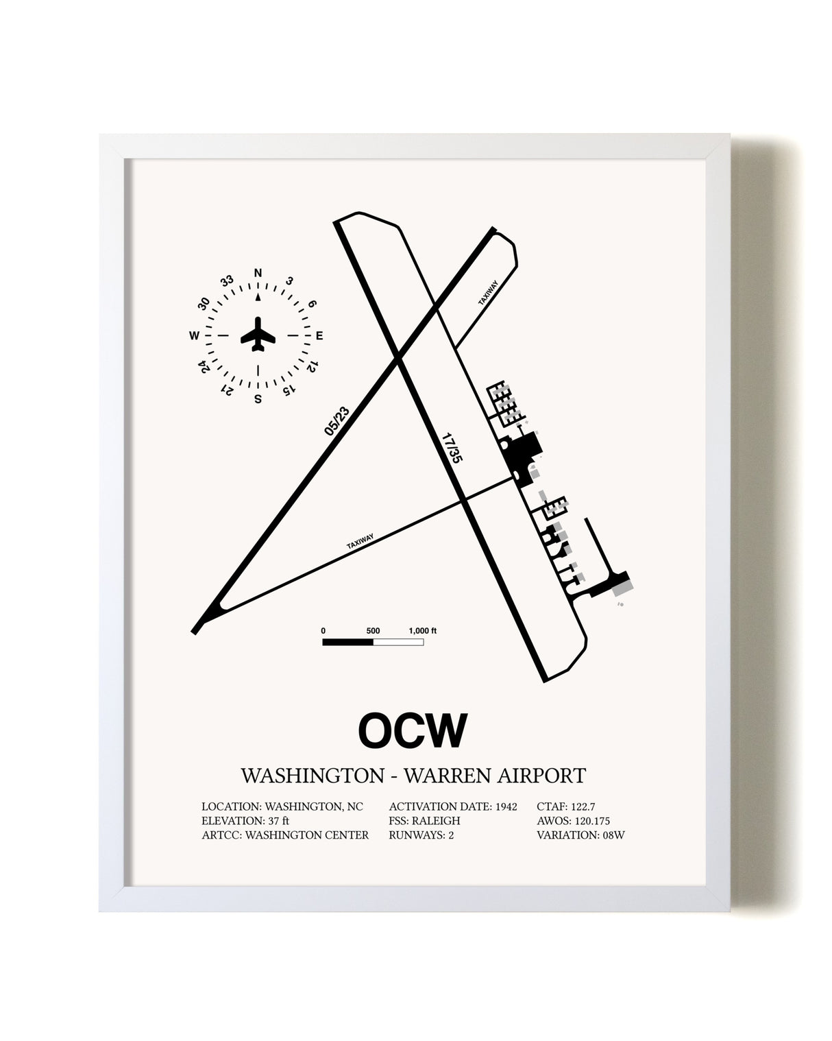 Washington-Warren Airport airport map poster in oak frame