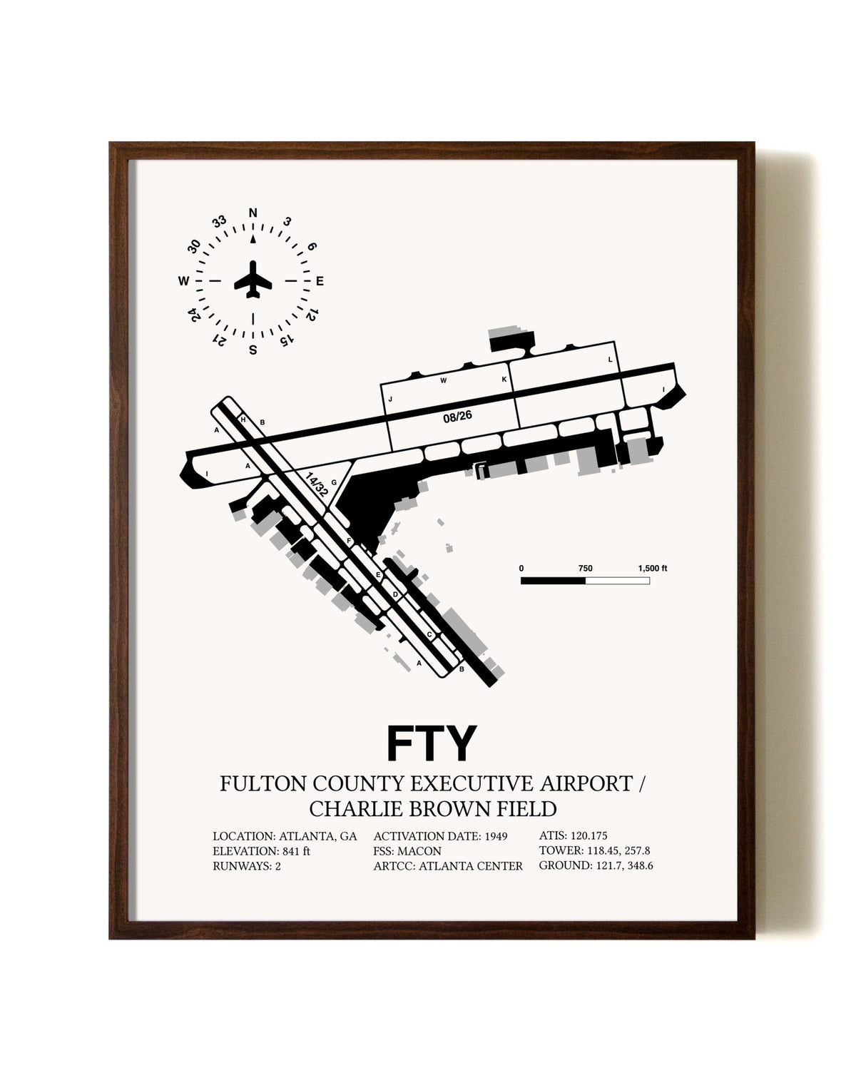 Fulton County Executive Airport / Charlie Brown Field aviation print in walnut frame