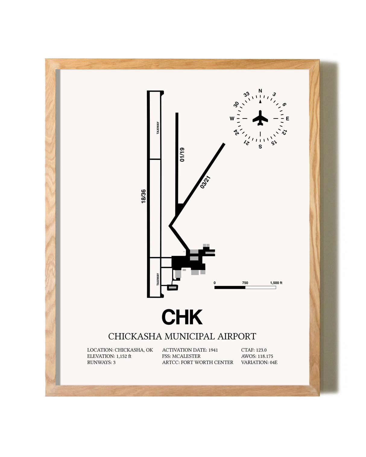 Chickasha Municipal Airport framed print in natural wood frame