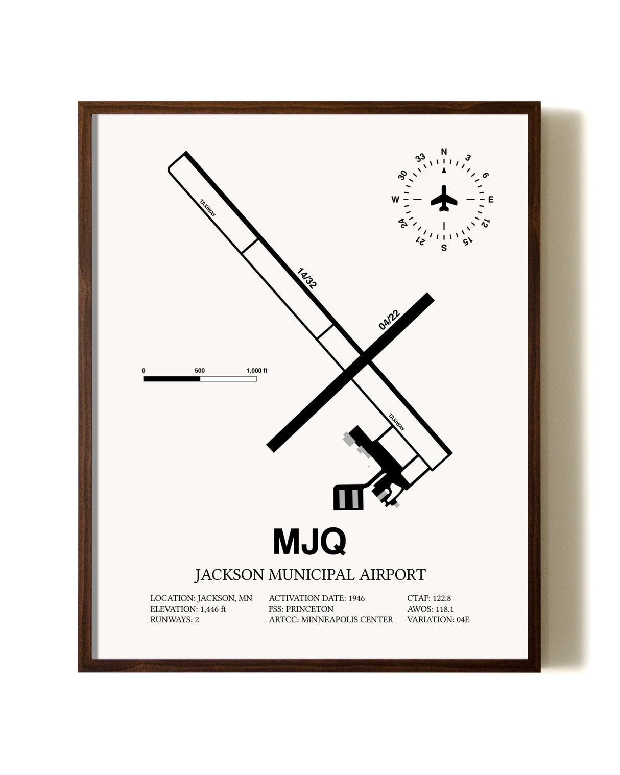 Jackson Municipal Airport aviation print in walnut frame