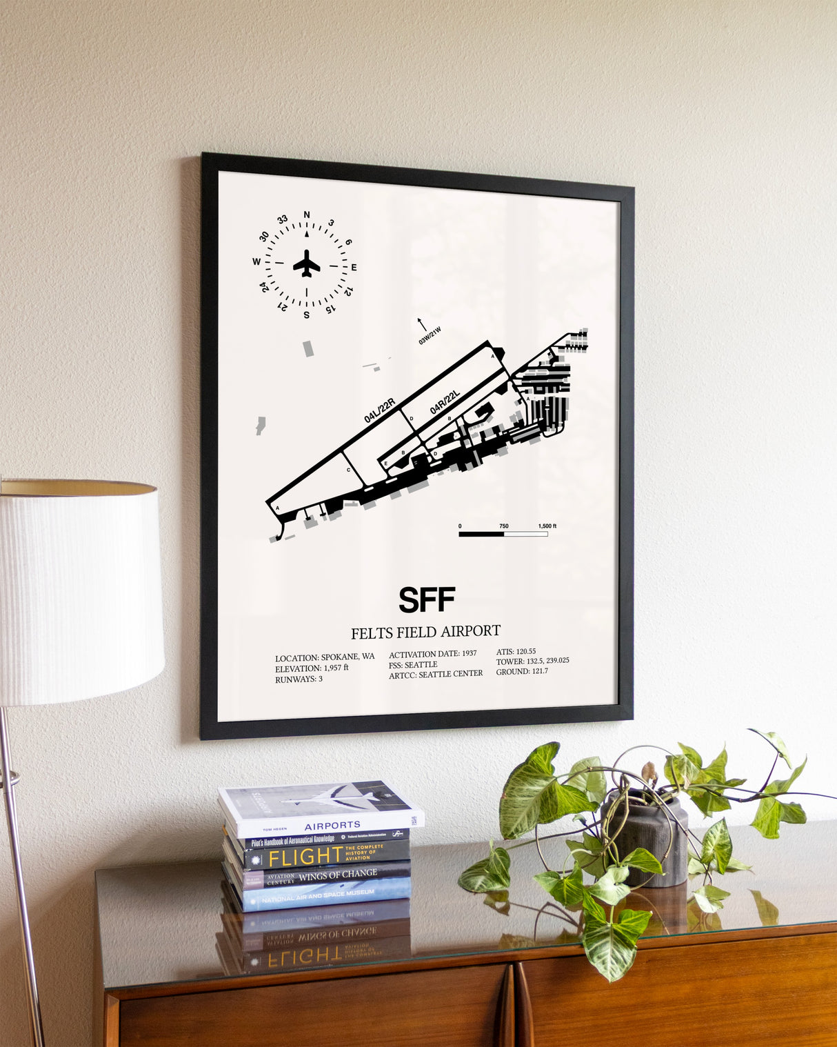 Felts Field Airport aviation wall décor in black wood frame