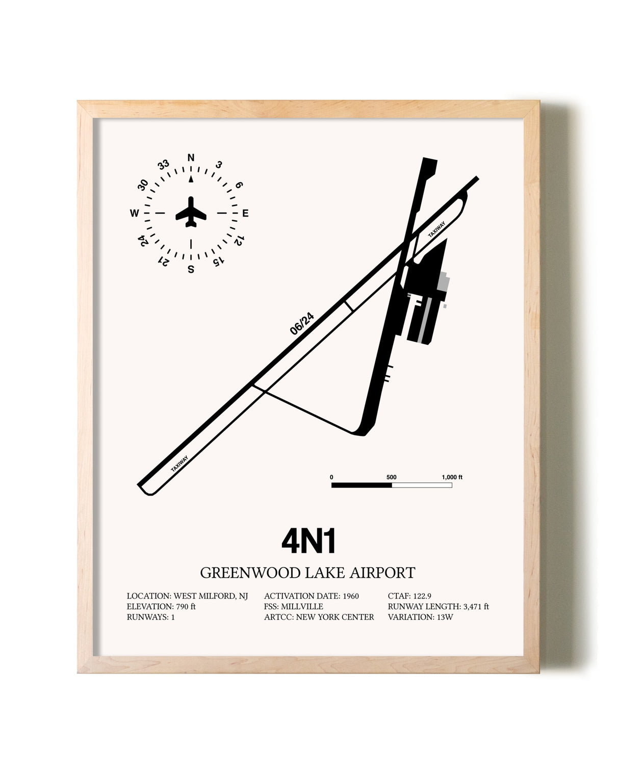 Greenwood Lake Airport framed wall art in white frame
