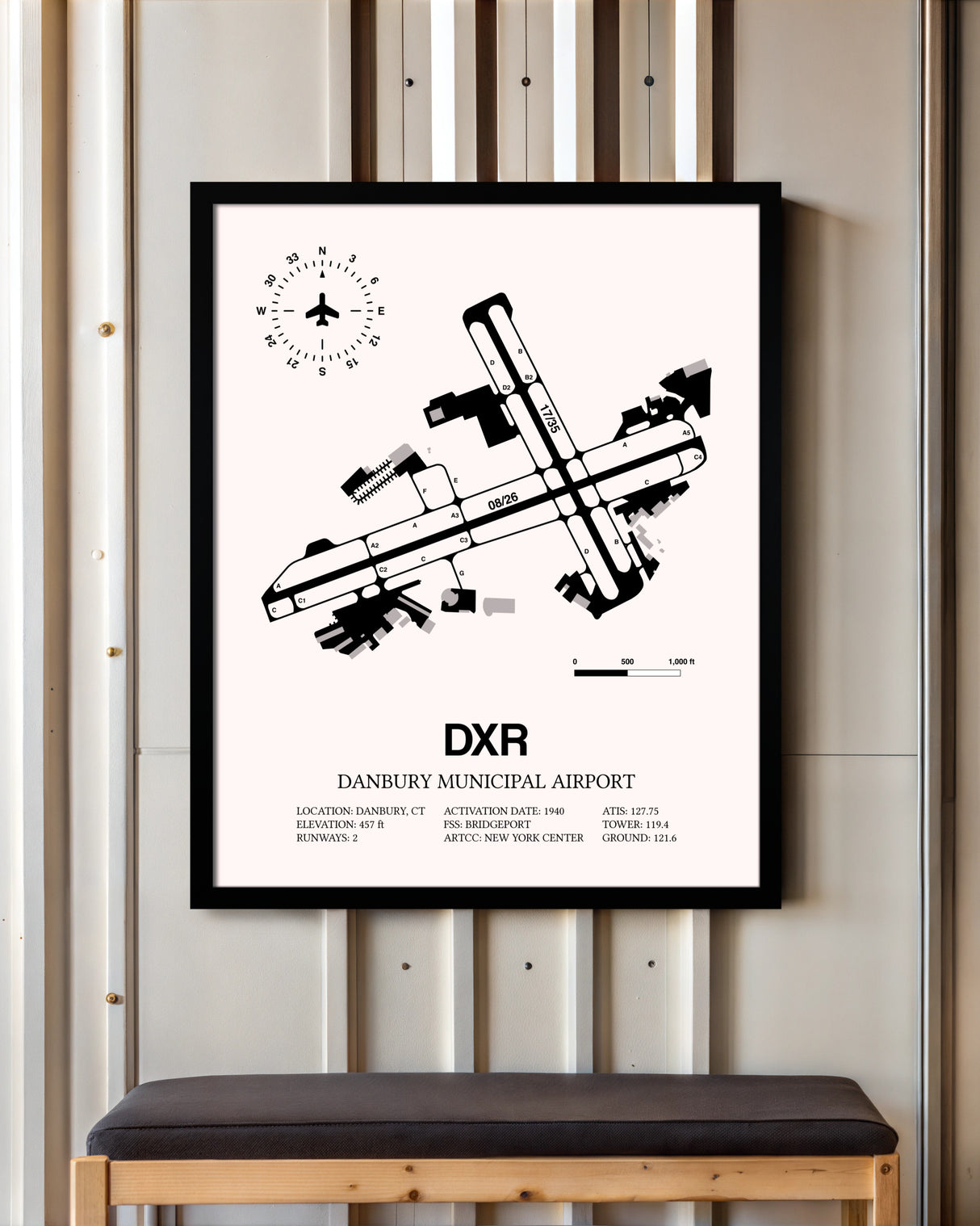 Danbury Municipal Airport framed poster displayed in an airplane hangar