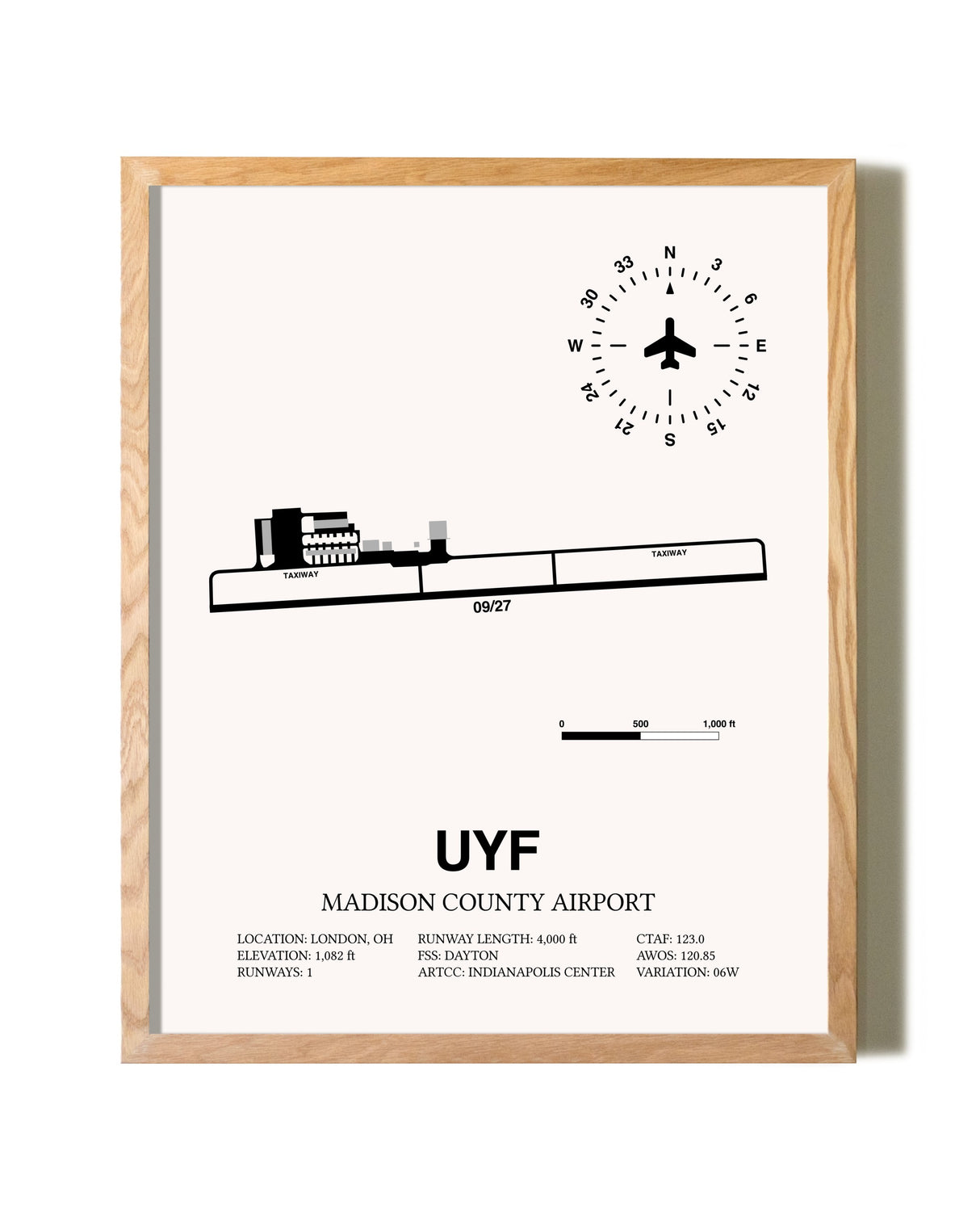 Madison County Airport framed print in natural wood frame