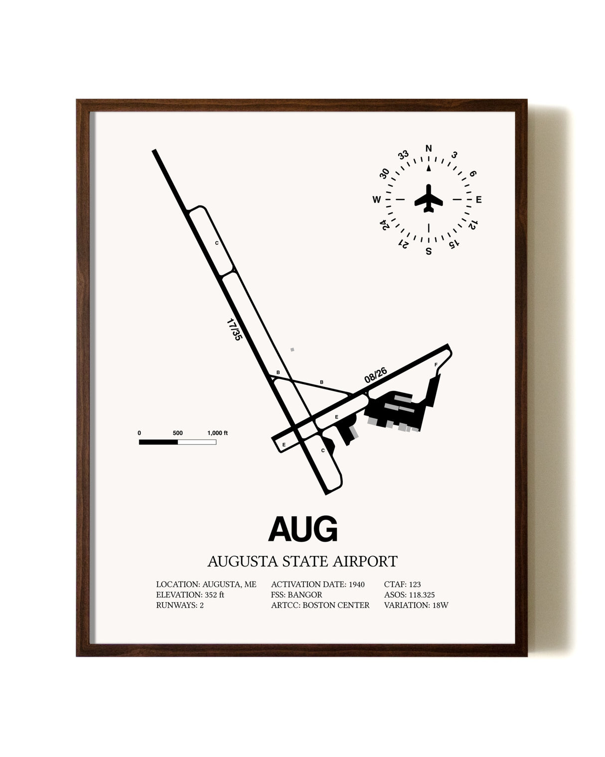 Augusta State Airport aviation print in walnut frame