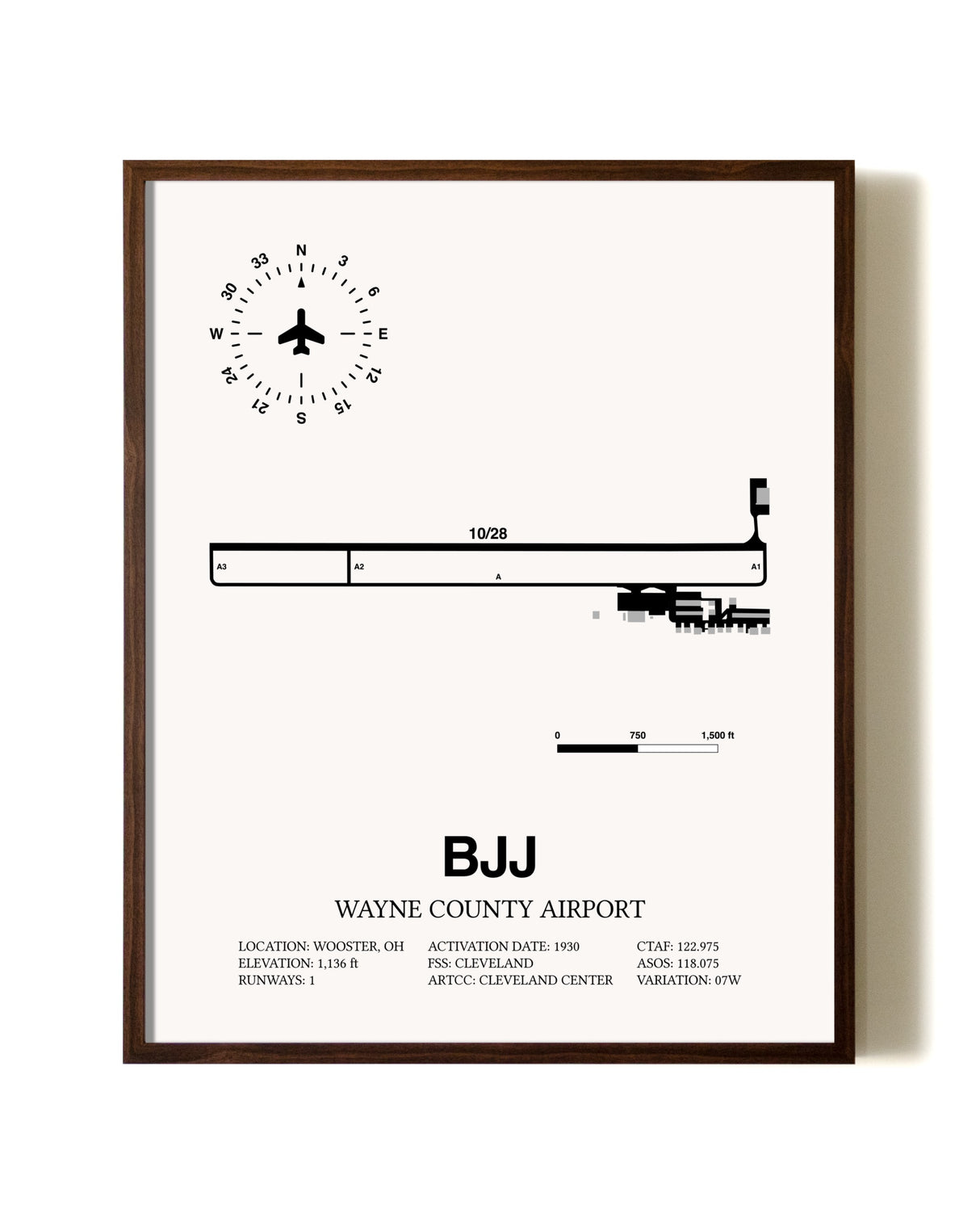 Wayne County Airport aviation print in walnut frame