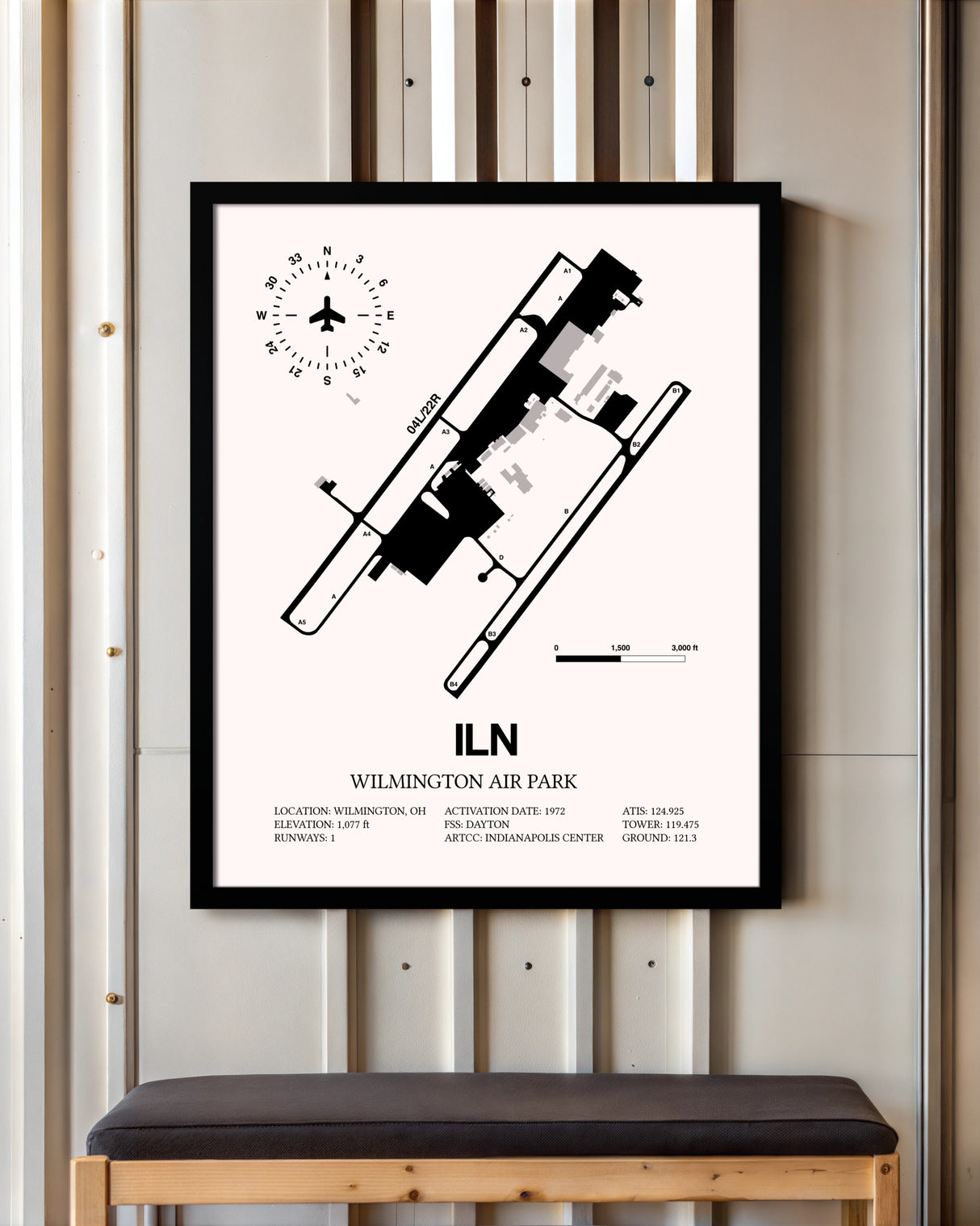 Wilmington Air Park framed poster displayed in an airplane hangar