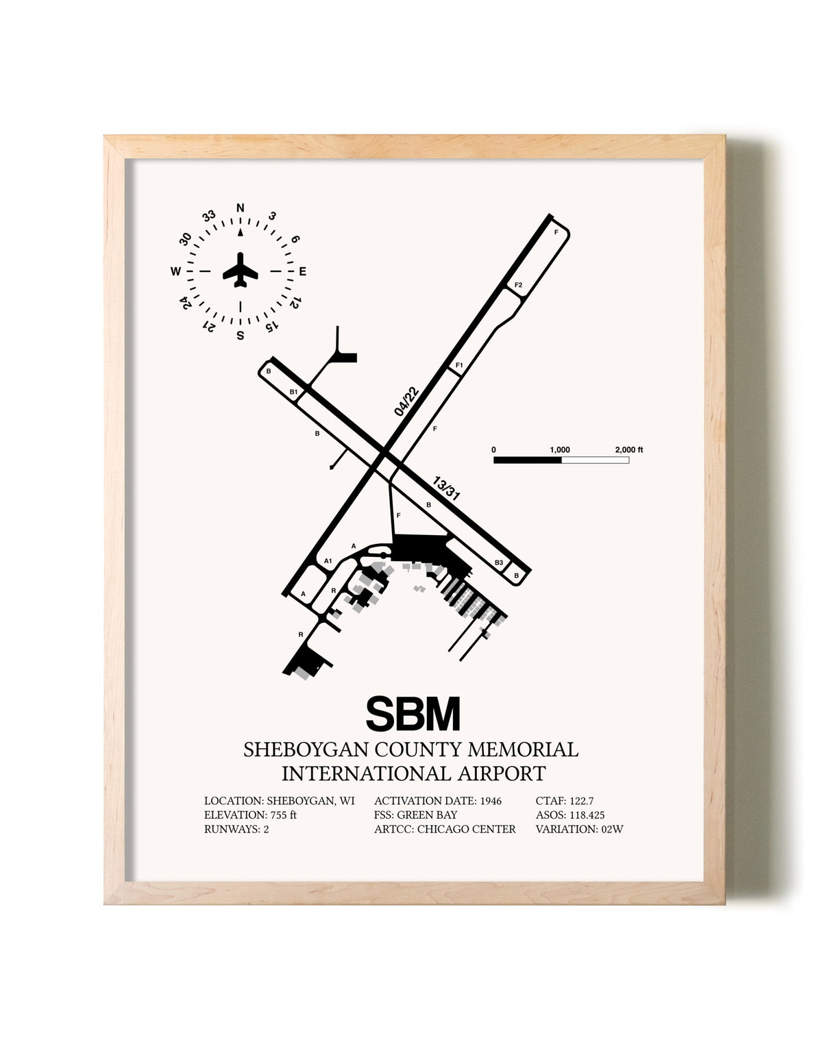 Sheboygan County Memorial International Airport framed wall art in white frame
